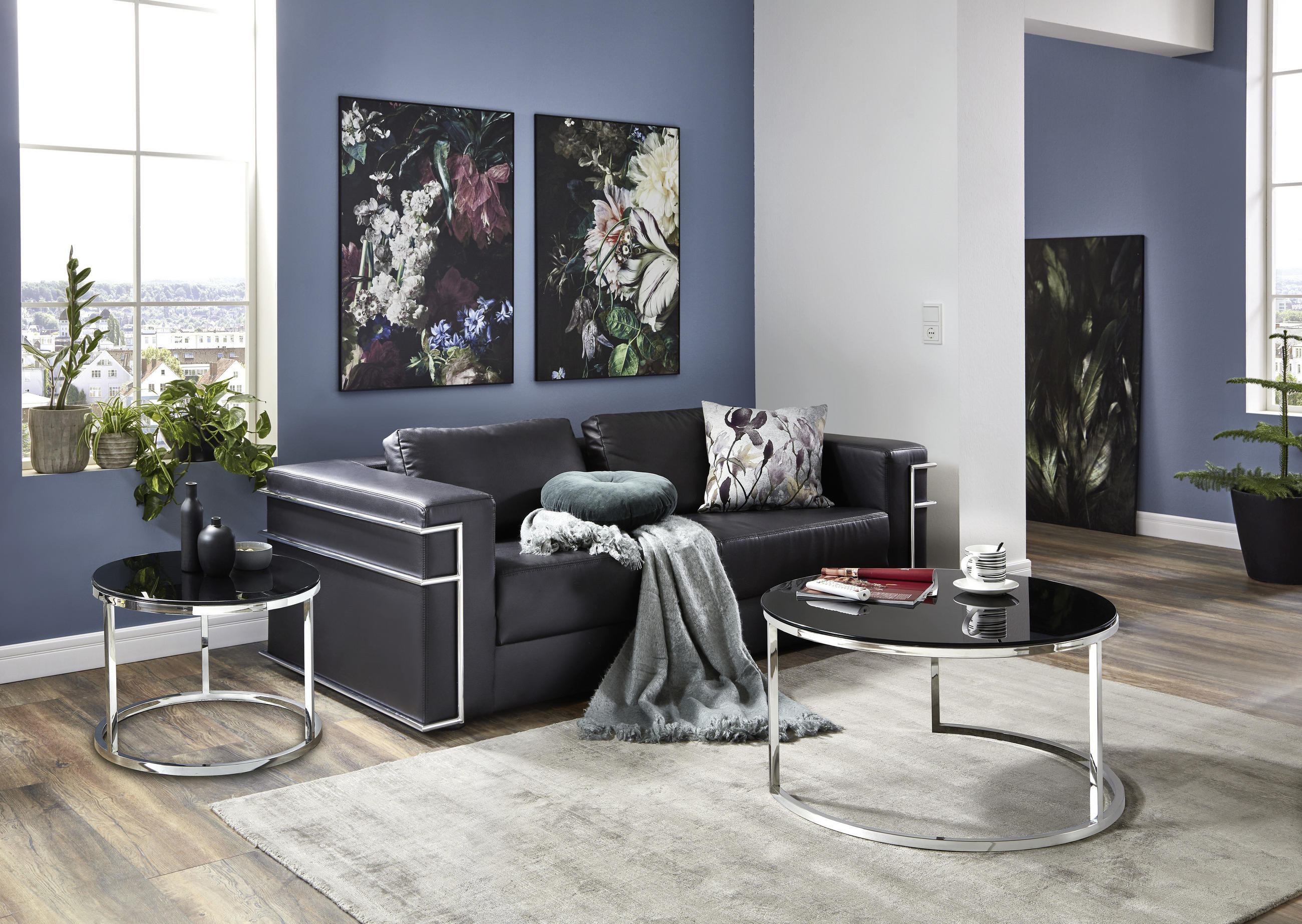 COUCHTISCH Sicherheitsglas 80/80/42 cm rund Schwarz, Edelstahlfarben  - Edelstahlfarben/Schwarz, Natur, Glas/Metall (80/80/42cm)