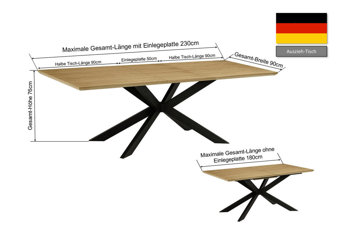 ESSTISCH 180-230/90/76 cm Echtholz, Nachbildung  Holz, Metall, Holzwerkstoff ausziehbar rechteckig Schwarz, Eichefarben  - Eichefarben/Schwarz, MODERN, Holz/Holzwerkstoff (180-230/90/76cm) - P & B