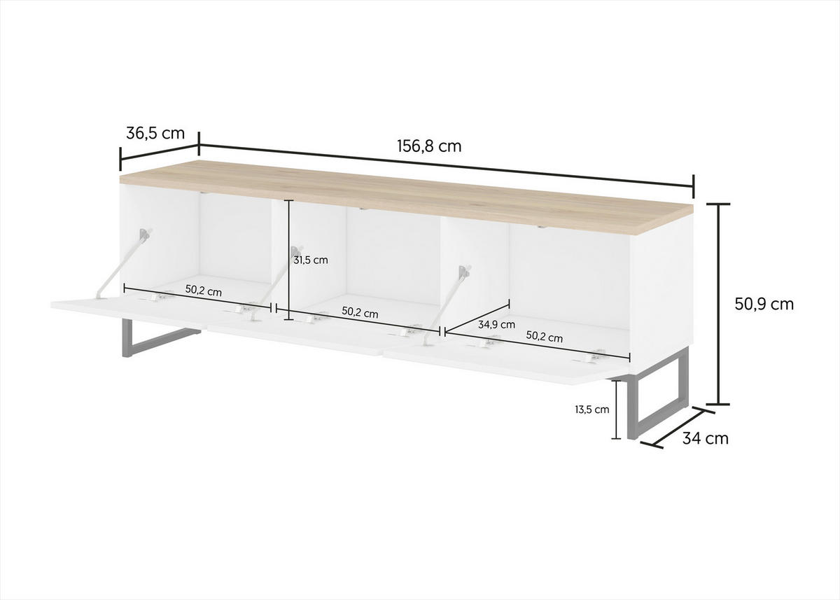 LOWBOARD Alto 156,8/50,9/36,5 cm  stehend  - Weiss/Eichefarben, Design, Holzwerkstoff/Metall (156,8/50,9/36,5cm) - MID.YOU