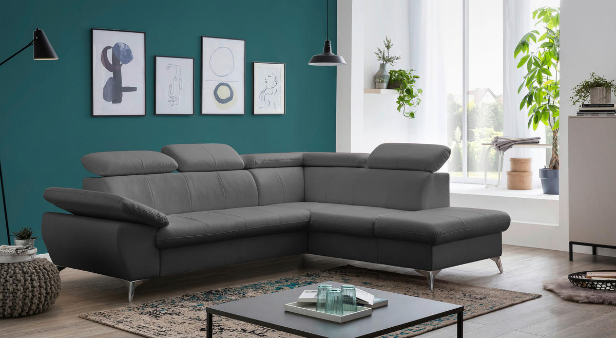 ECKSOFA Grau Lederlook  - Chromfarben/Grau, KONVENTIONELL, Textil/Metall (256/209cm) - Livetastic