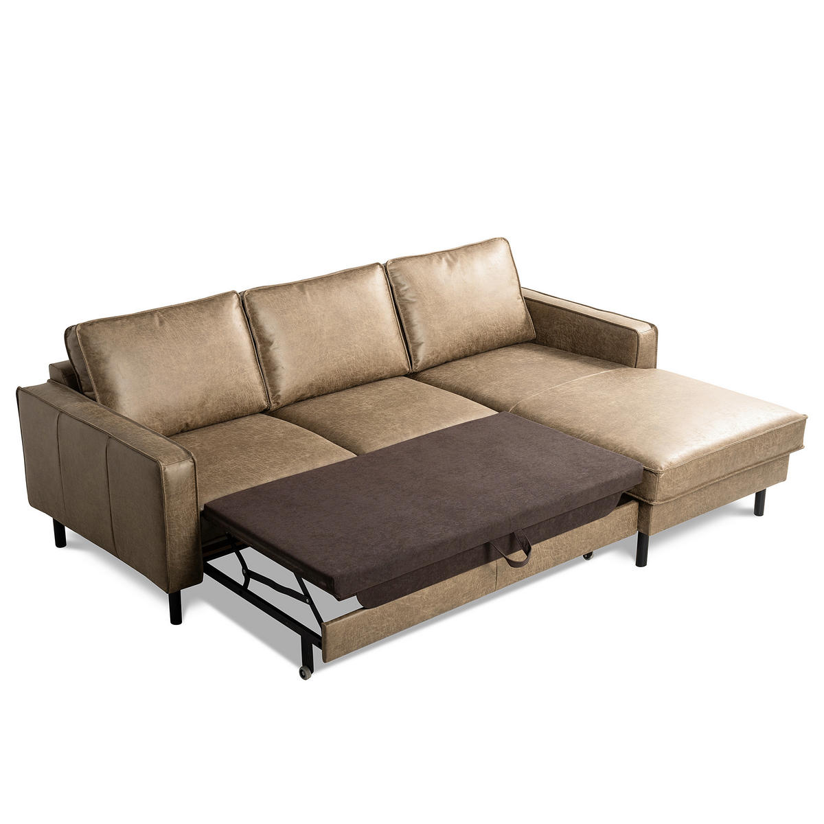 ECKSOFA Graubraun Echtleder Lederlook Bettkasten, Schlaffunktion, Rücken echt  - Graubraun/Schwarz, Design, Leder/Textil (166/238cm) - Livetastic
