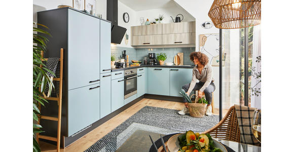 ECKKÜCHE 305/185 cm in Eichefarben, Pastellblau - Pastellblau/Eichefarben, Design, Holzwerkstoff/Metall (305/185cm) - Xora