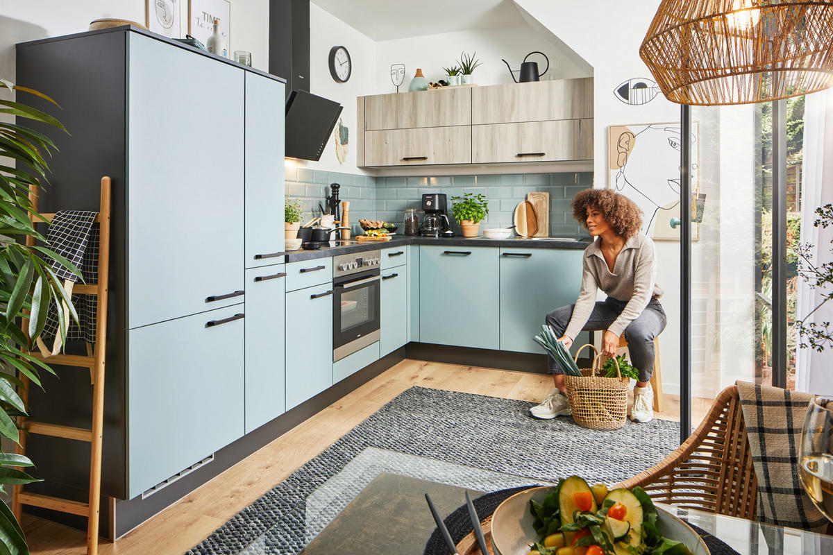 ECKKÜCHE 305/185 cm  in Eichefarben, Pastellblau  - Pastellblau/Eichefarben, Design, Holzwerkstoff/Metall (305/185cm) - Xora