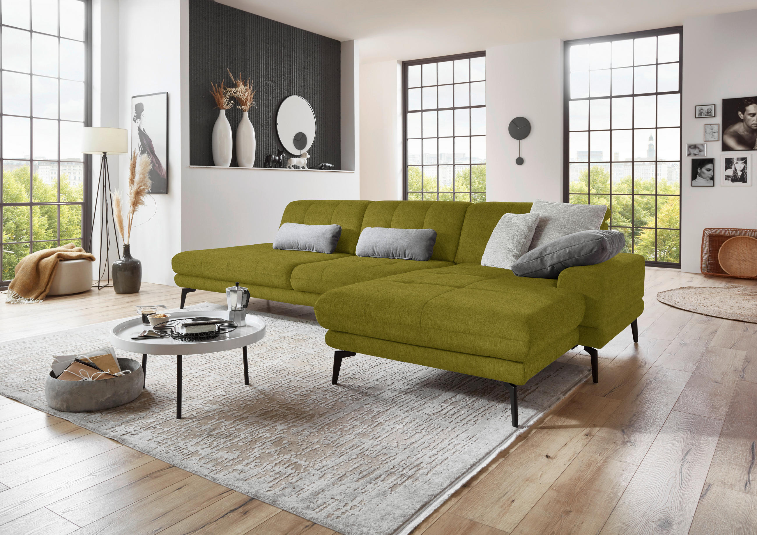 ECKSOFA in Flachgewebe Grün  - Schwarz/Grün, Design, Textil/Metall (309/190cm) - Beldomo Style