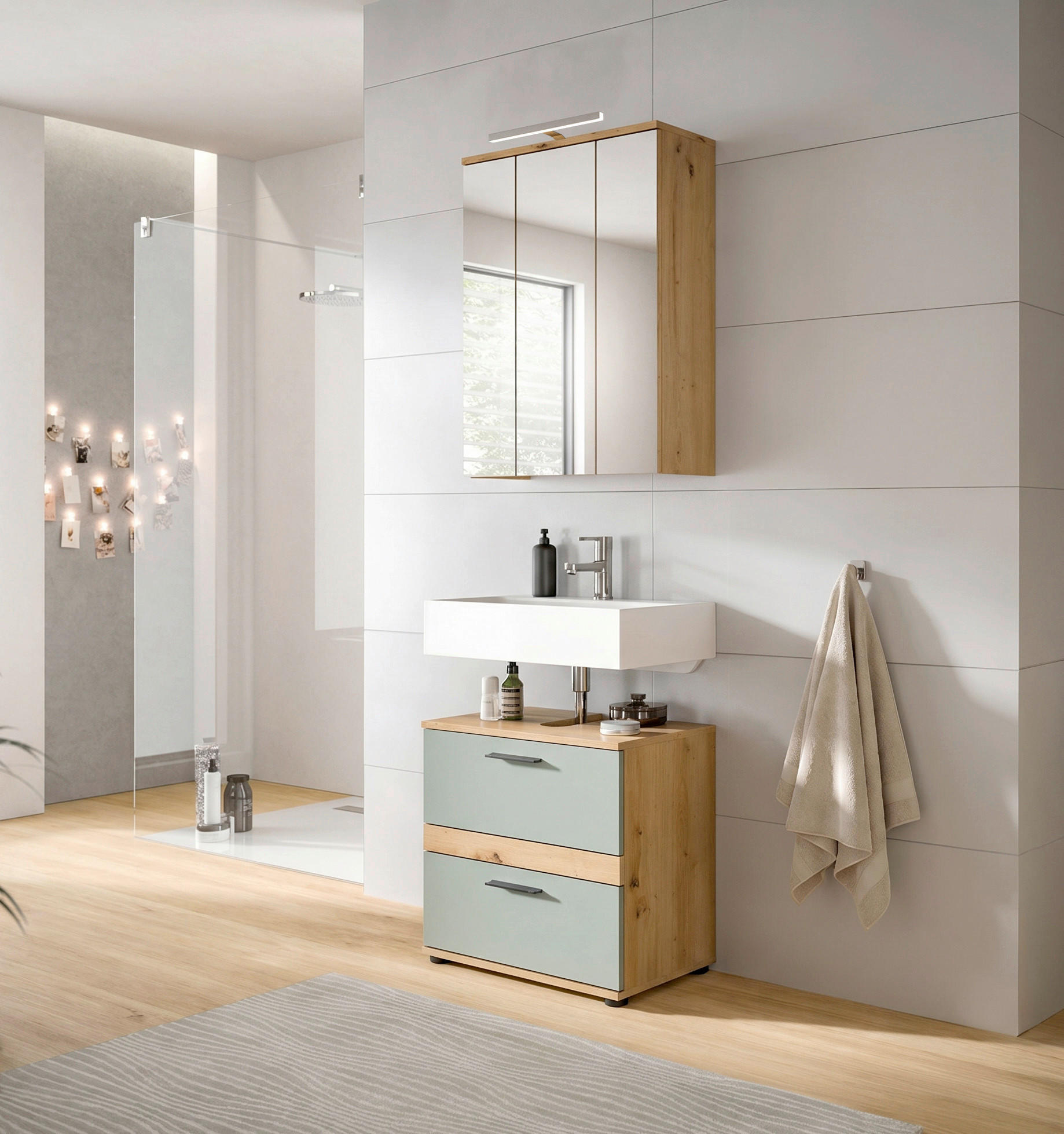 BADEZIMMER 3-teilig  in 60 cm  - Salbeigrün/Schwarz, Trend, Glas/Holzwerkstoff (60cm) - MID.YOU