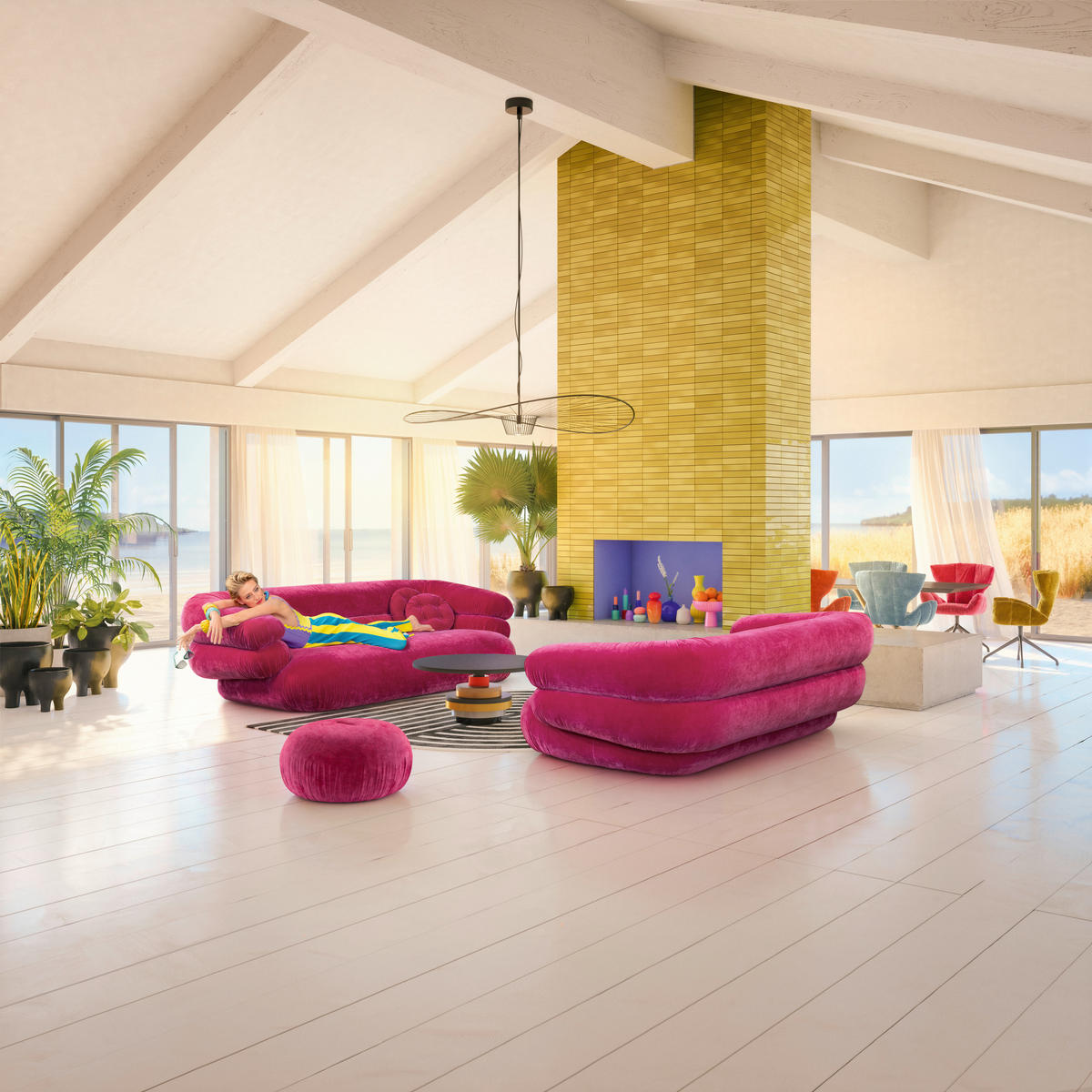 BIGSOFA in Velours Pink  - Pink/Schwarz, Trend, Kunststoff/Textil (250/77/130cm) - Bretz