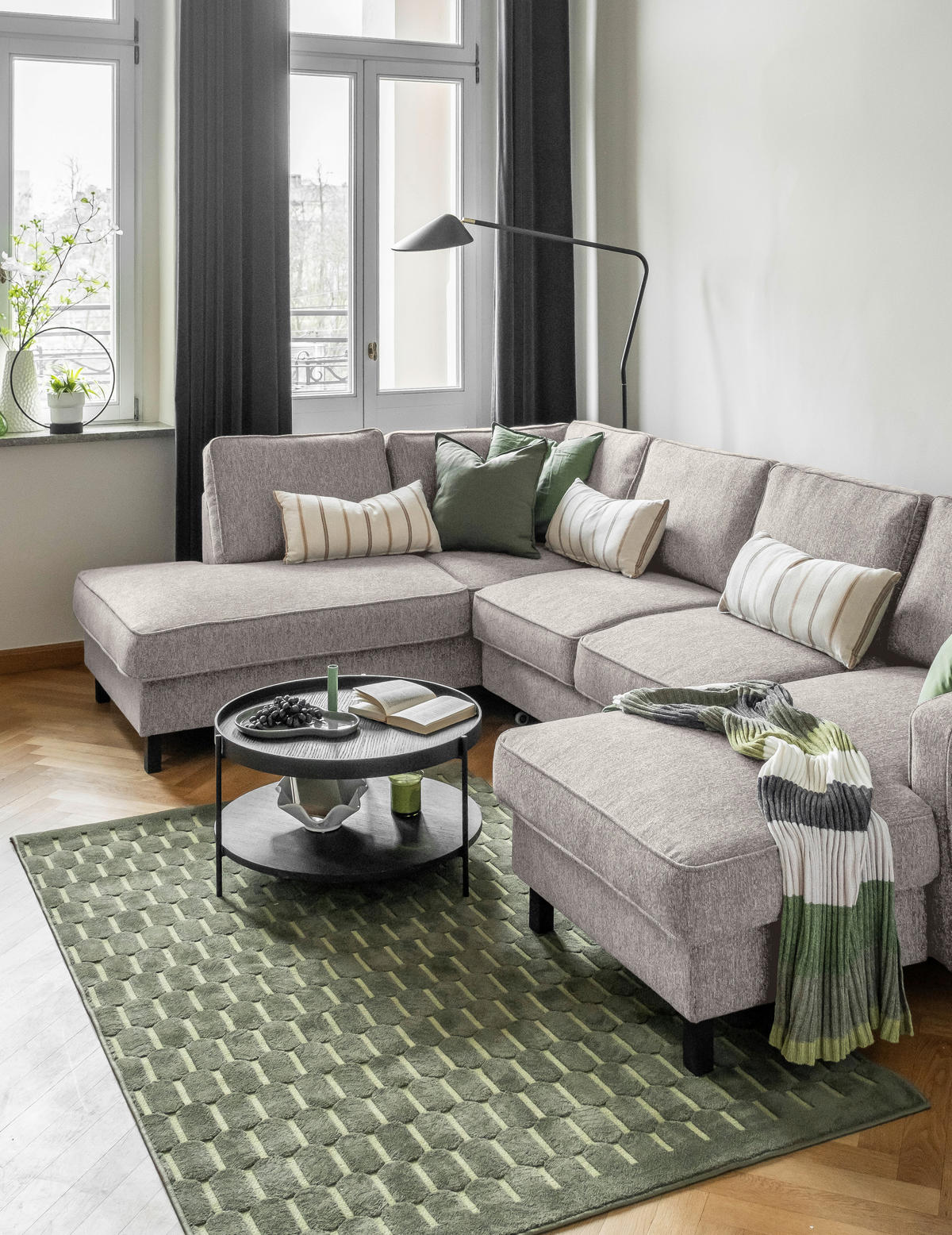 SJEDEĆA GARNITURA tekstil  sivo-bijela   - sivo-bijela/crna, tekstil/drvo (198/298/148cm) - MID.YOU