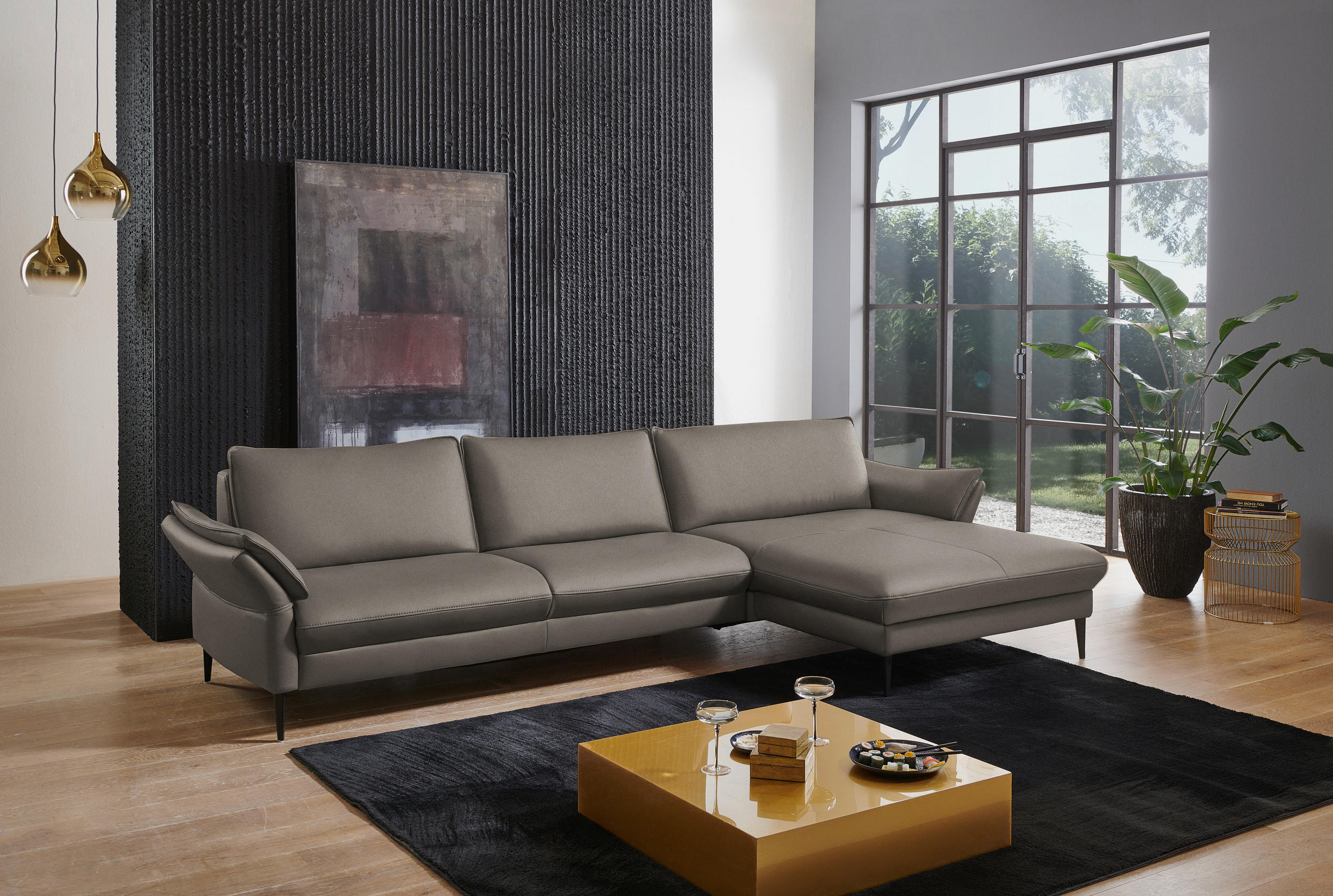 ECKSOFA in Echtleder Graubraun  334/172 cm  - Graubraun/Schwarz, Design, Leder/Metall (334/172cm) - Valdera