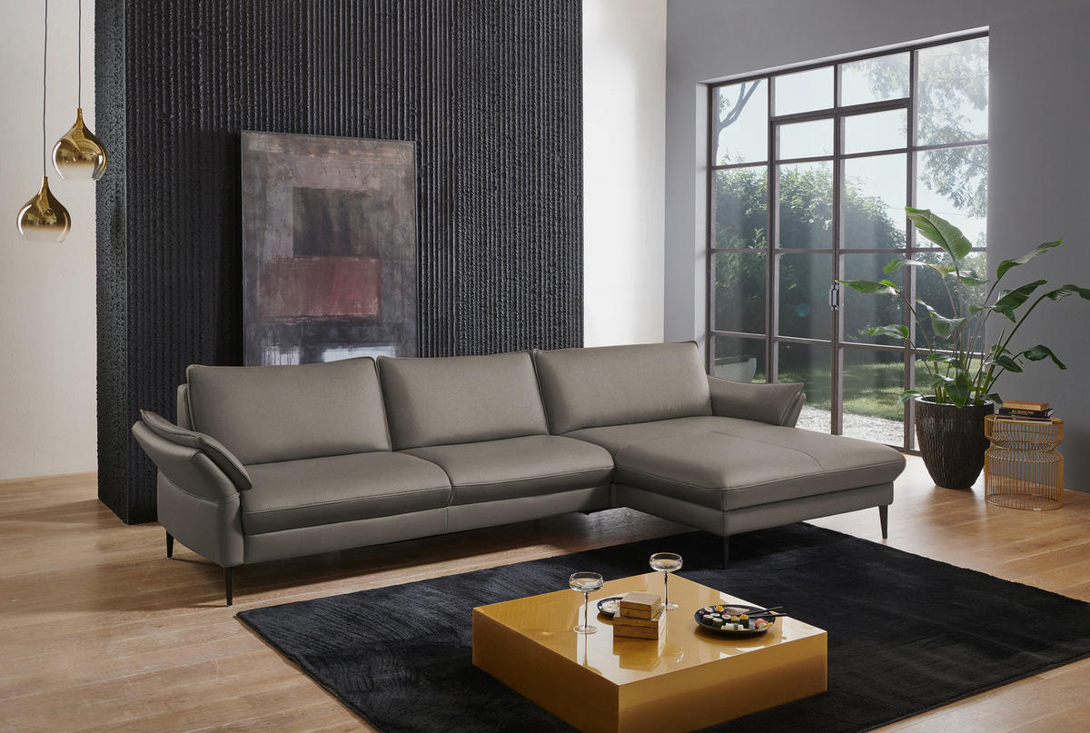 ECKSOFA in Echtleder Graubraun  - Graubraun/Schwarz, Design, Leder/Metall (334/172cm) - Valdera
