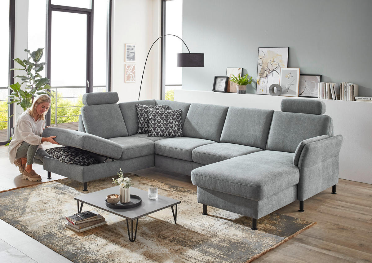 WOHNLANDSCHAFT in Webstoff Blaugrau  - Blaugrau/Schwarz, Konventionell, Textil/Metall (200/305/168cm) - Voleo