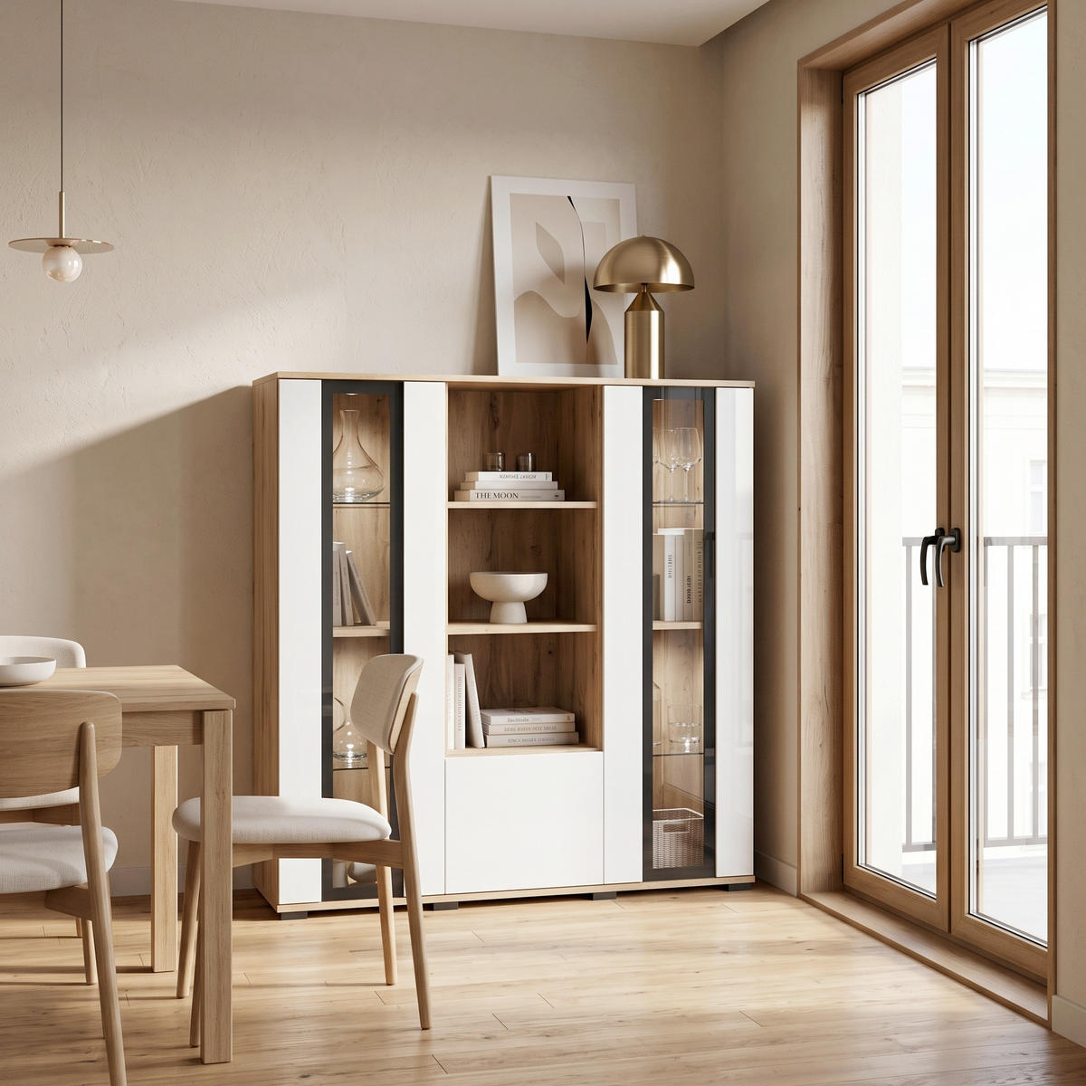 HIGHBOARD Caro 120/121,9/39,5 cm  - Weiß Hochglanz/Eiche Wotan, Design, Glas/Holzwerkstoff (120/121,9/39,5cm) - P & B