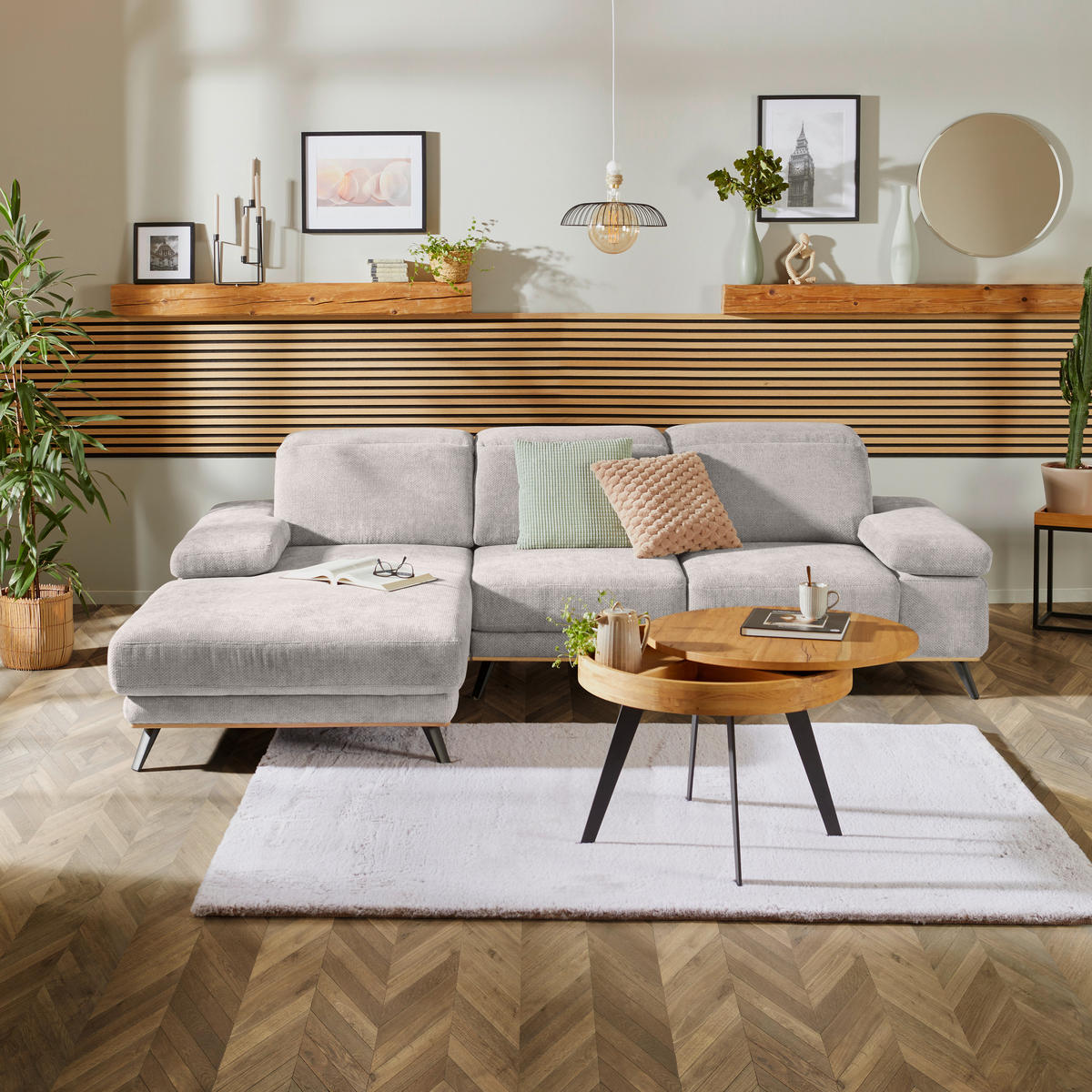 ECKSOFA ROYCE Perlmutt Struktur  - Perlmutt/Schwarz, MODERN, Textil/Metall (194/283cm) - MID.YOU