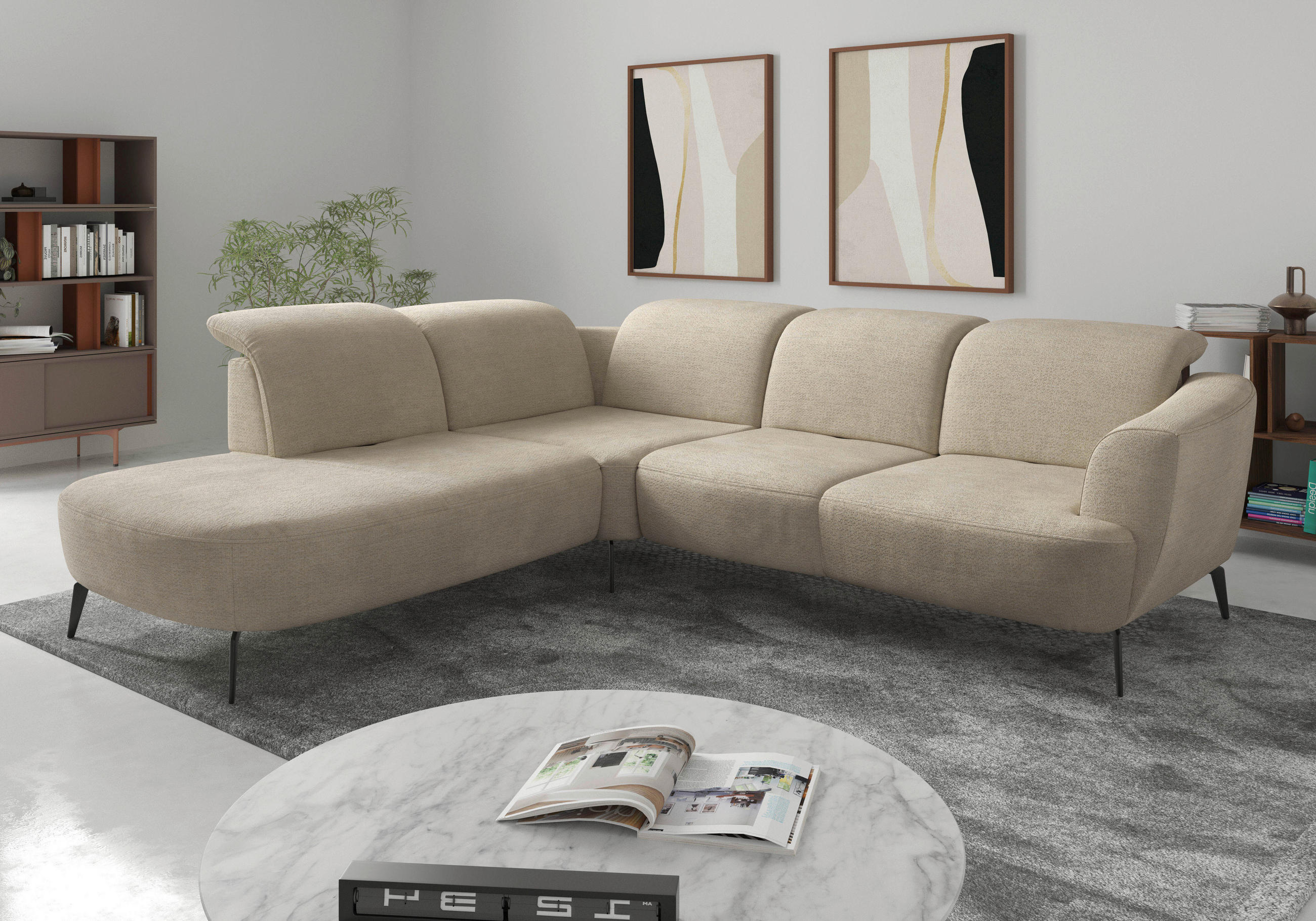 ECKSOFA ZOE E Sandfarben Chenille  - Sandfarben/Schwarz, KONVENTIONELL, Textil/Metall (267/300cm) - Sit & More