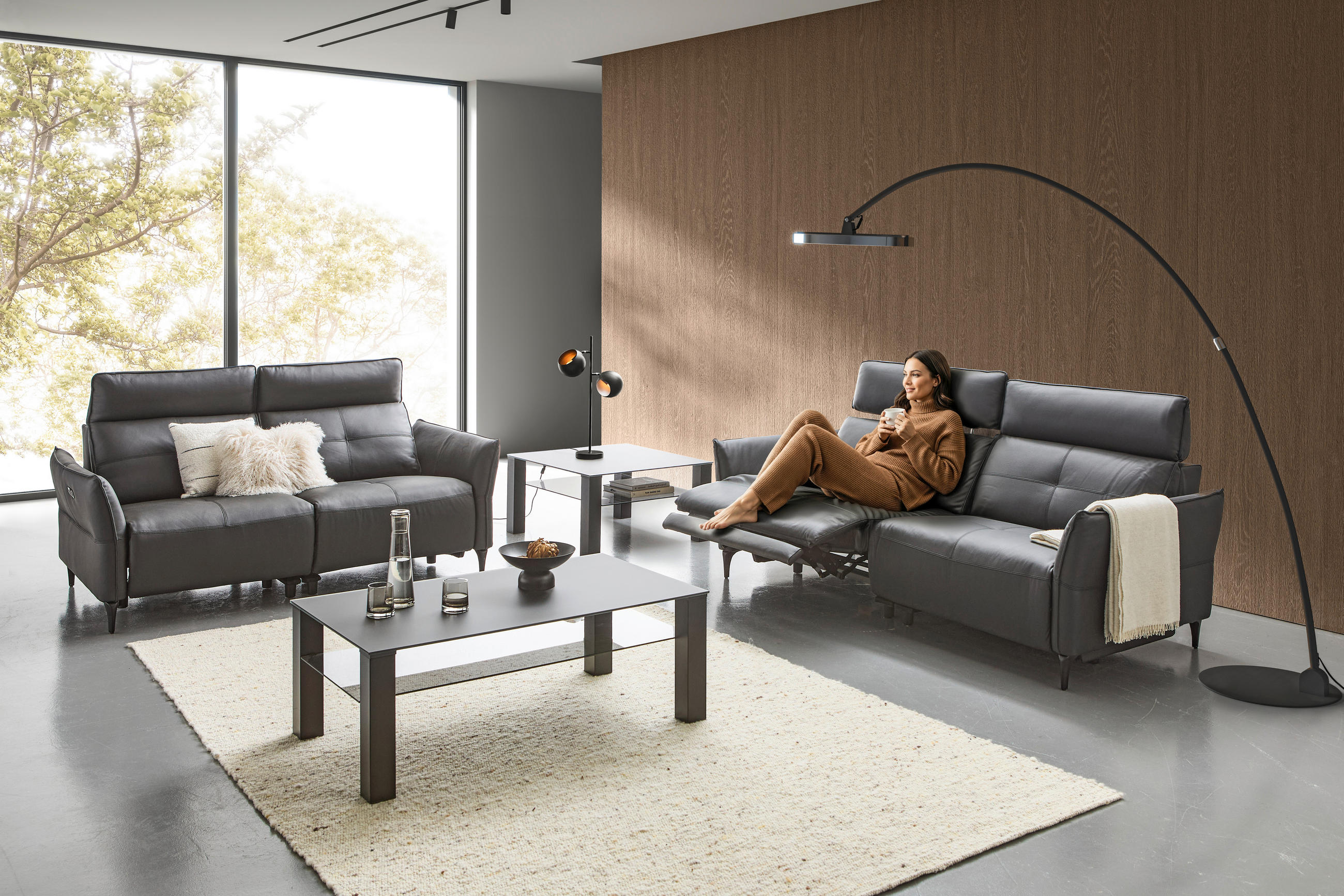 2,5-SITZER Schwarz Echtleder  - Schwarz, Design, Leder/Metall (220/98/101cm) - Novel