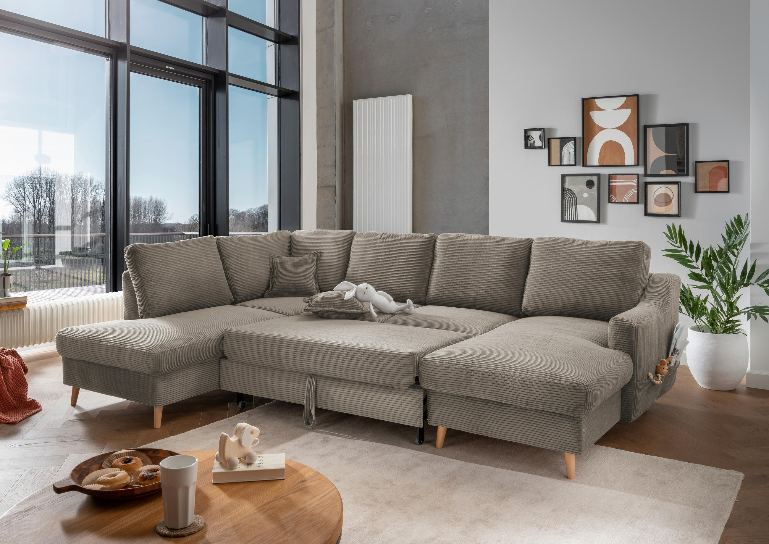 WOHNLANDSCHAFT Graubraun Cord  - Graubraun/Naturfarben, KONVENTIONELL, Holz/Textil (200/301/150cm) - P & B