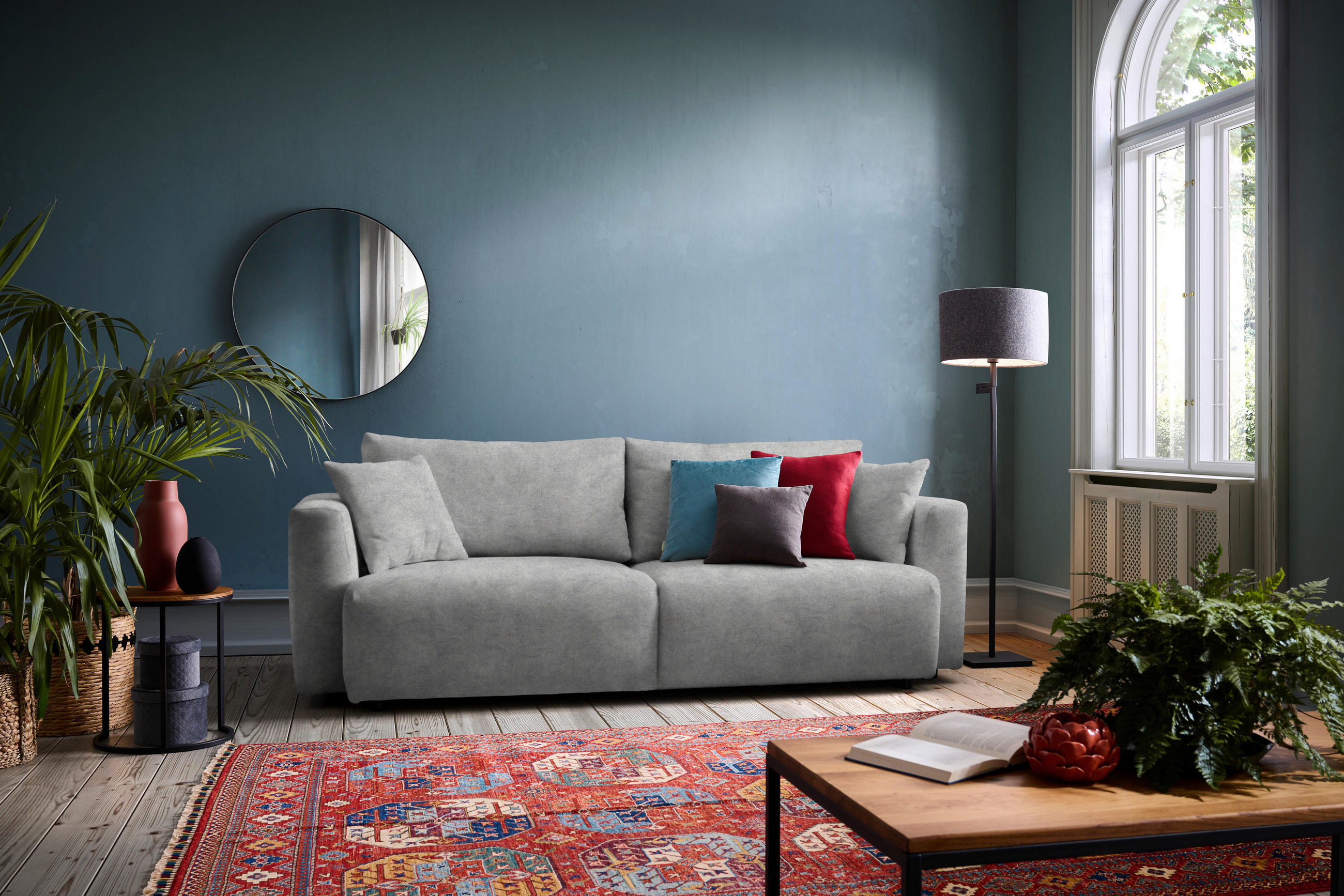 SCHLAFSOFA  mit Stoffauswahl, Schlafen auf Sitzhöhe, Rücken echt Velours Hellgrau  - Hellgrau/Schwarz, Design, Kunststoff/Textil (250/92/105cm) - Carryhome