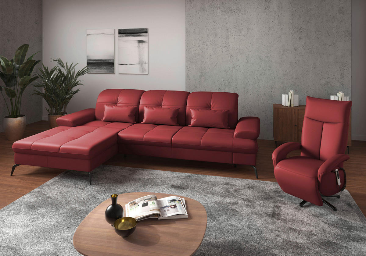 ECKSOFA in Echtleder Rot  - Rot/Schwarz, Konventionell, Leder/Metall (185/279cm) - Sit & More