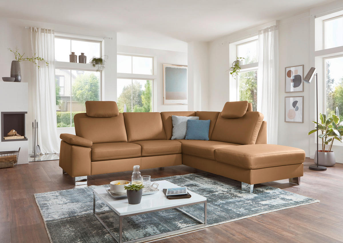 ECKSOFA  in Echtleder Hellbraun  248/235 cm  - Hellbraun/Alufarben, Design, Leder/Metall (248/235cm) - Beldomo Premium