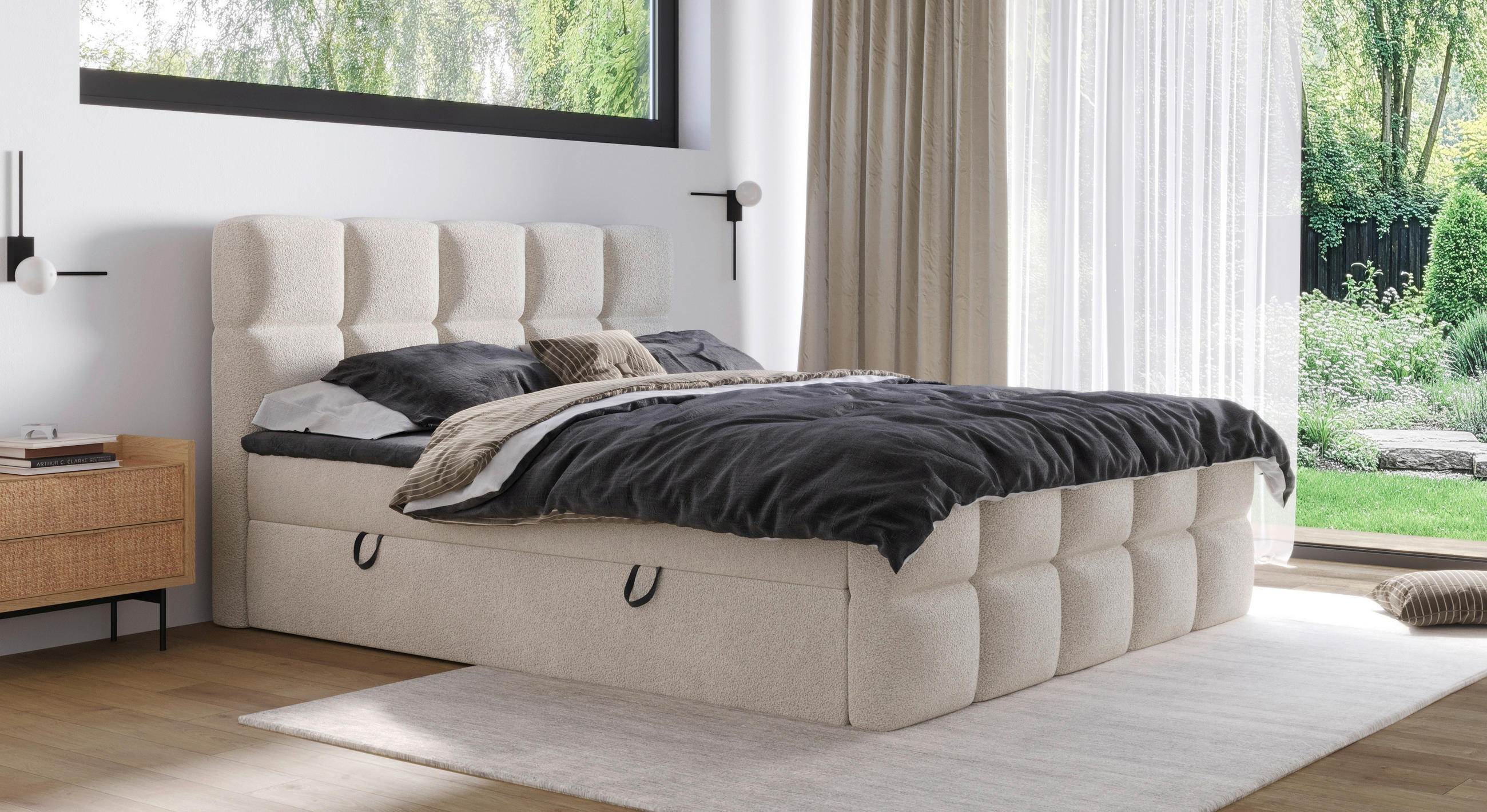 BOXBETT 160/200 cm,  in Beige, gepolstertes Kopfteil, Bettkasten, Topper, H3 = fest  - Beige/Schwarz, Design, Holzwerkstoff/Kunststoff (160/200cm) - Xora