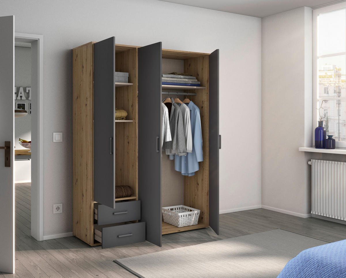 DREHTÜRENSCHRANK in Grau, Eiche Artisan  - Eiche Artisan/Grau, Modern, Holzwerkstoff/Kunststoff (140/194/53cm) - Rauch Möbel