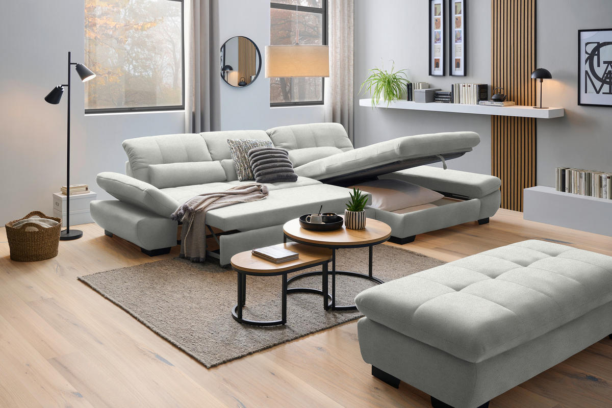 ECKSOFA  in Flachgewebe Weiß  341/204 cm  - Schwarz/Weiß, Design, Textil/Metall (341/204cm) - Xora