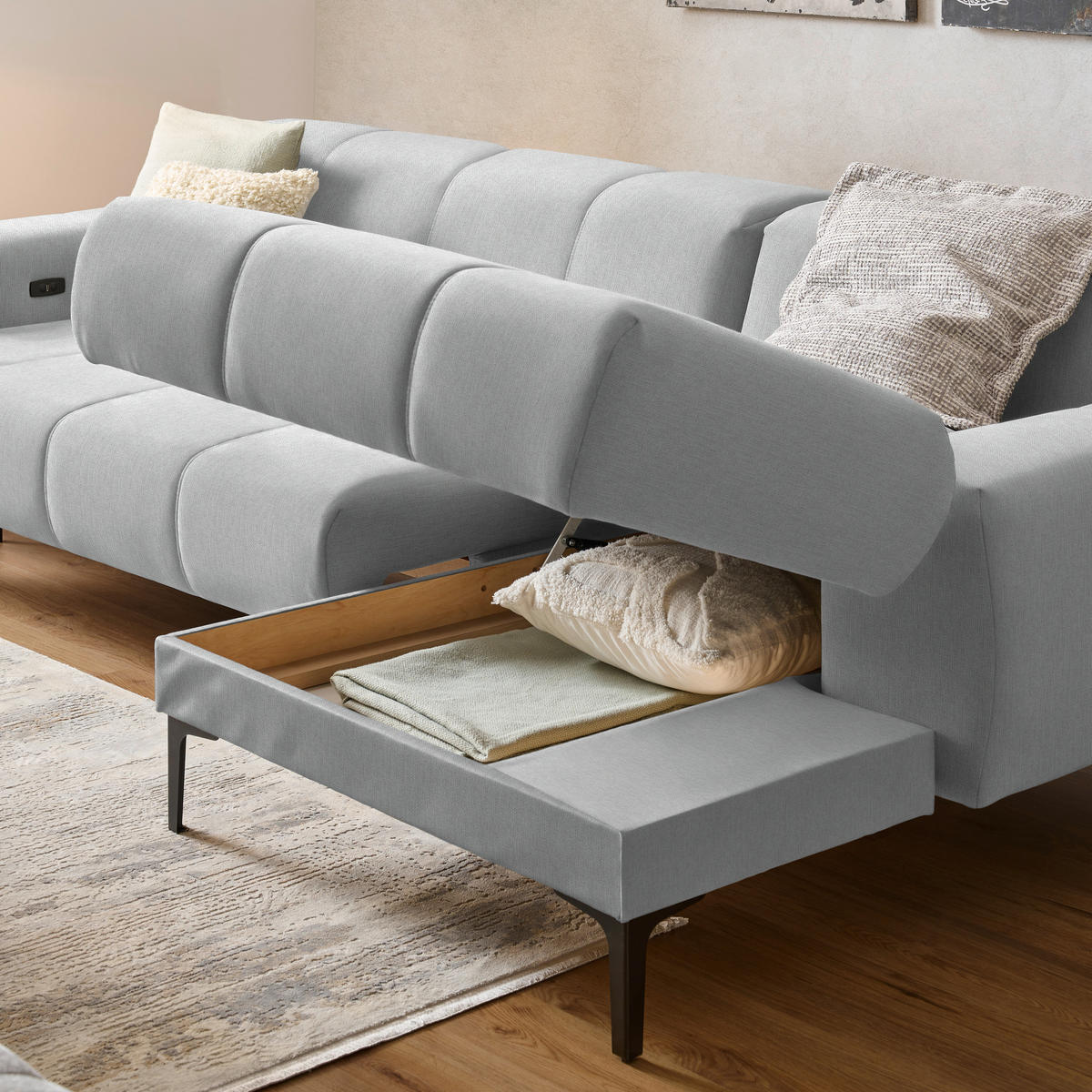 ECKSOFA in Chenille Hellgrau  311/167 cm  - Hellgrau/Schwarz, Design, Textil/Metall (311/167cm) - Xora