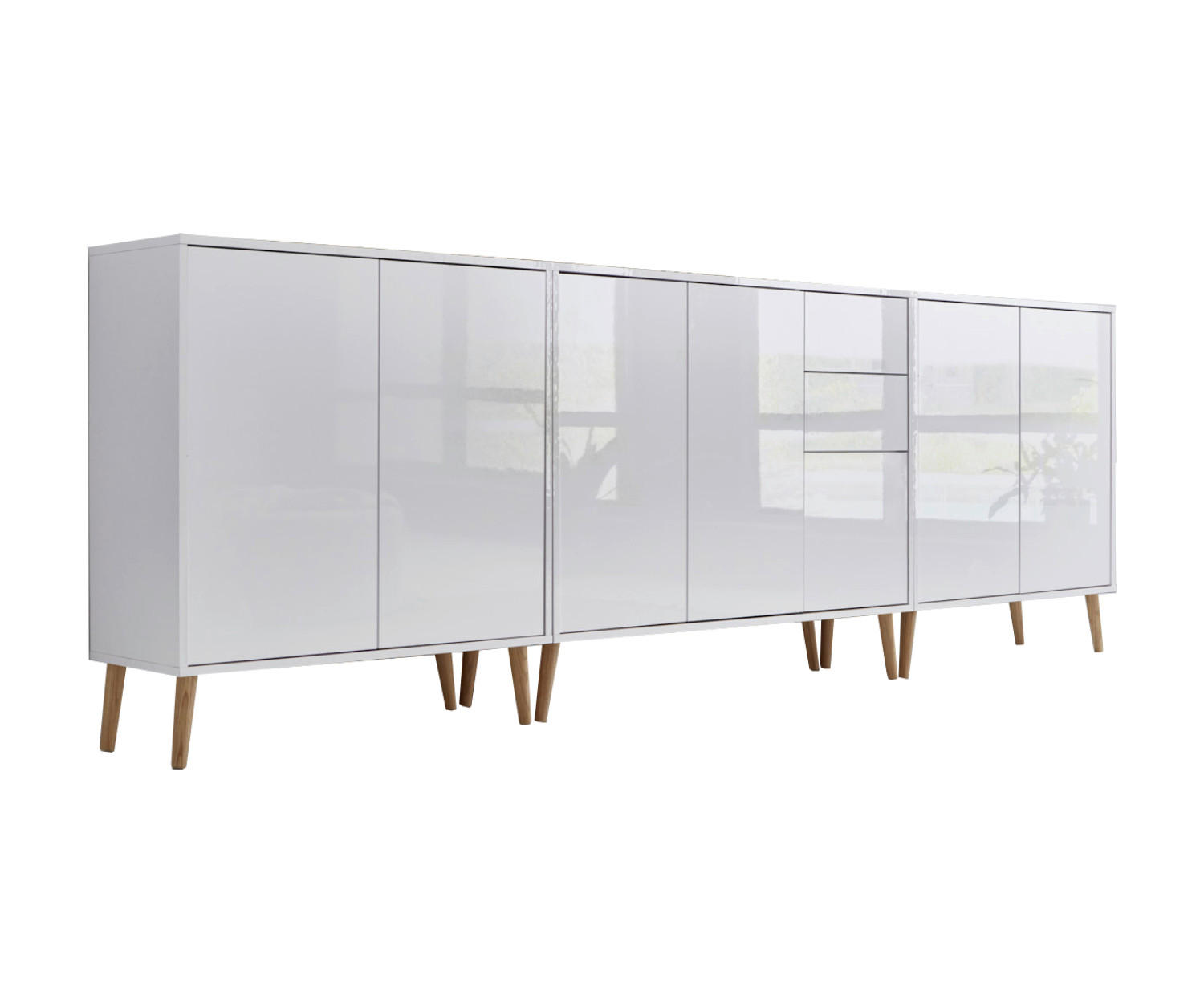 Mid.you Sideboard Mailand Set 6 + HF Weiß, Weiß Hochglanz 263.5x86x33 cm