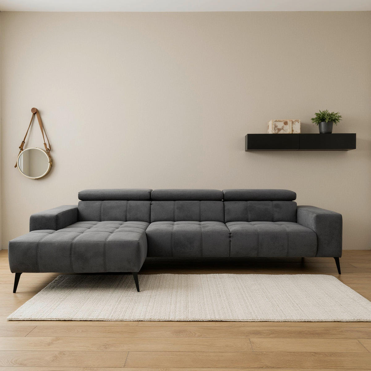 ECKSOFA TRENTO Dunkelgrau Mikrofaser  - Dunkelgrau/Schwarz, MODERN, Textil/Metall (287/175cm) - MID.YOU