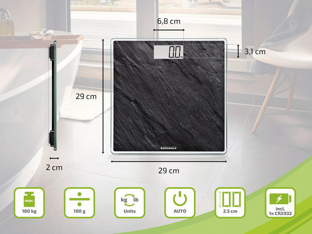 FÜRDŐSZOBAMÉRLEG digitális  - fekete, Basics, műanyag/Üveg (33,5/32,5/3,4cm) - Soehnle