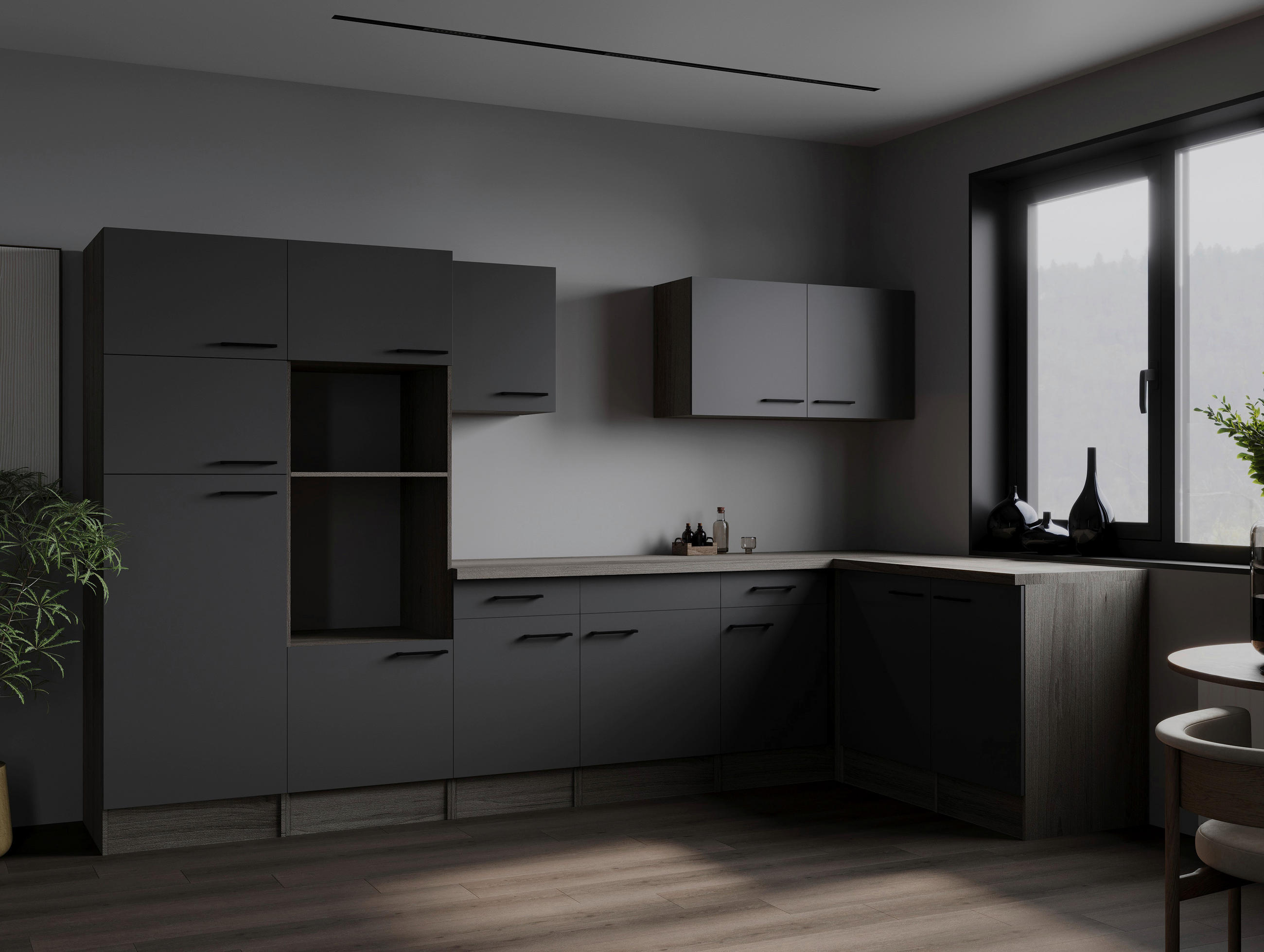 ECKKÜCHE 340/172 cm  in Grau, Eichefarben  - Eichefarben/Schwarz, Design, Holzwerkstoff/Metall (340/172cm) - Respekta