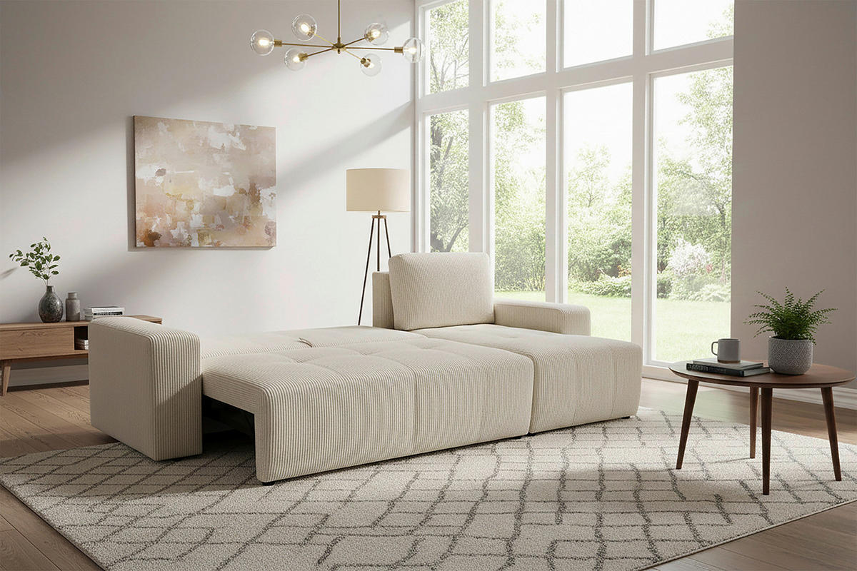 ECKSCHLAFSOFA  mit Cord Creme  - Creme/Schwarz, KONVENTIONELL, Textil (248/146cm) - Xora