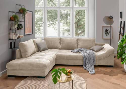 ECKSOFA Beige Cord  - Beige/Schwarz, Design, Holz/Textil (202/298cm) - MID.YOU