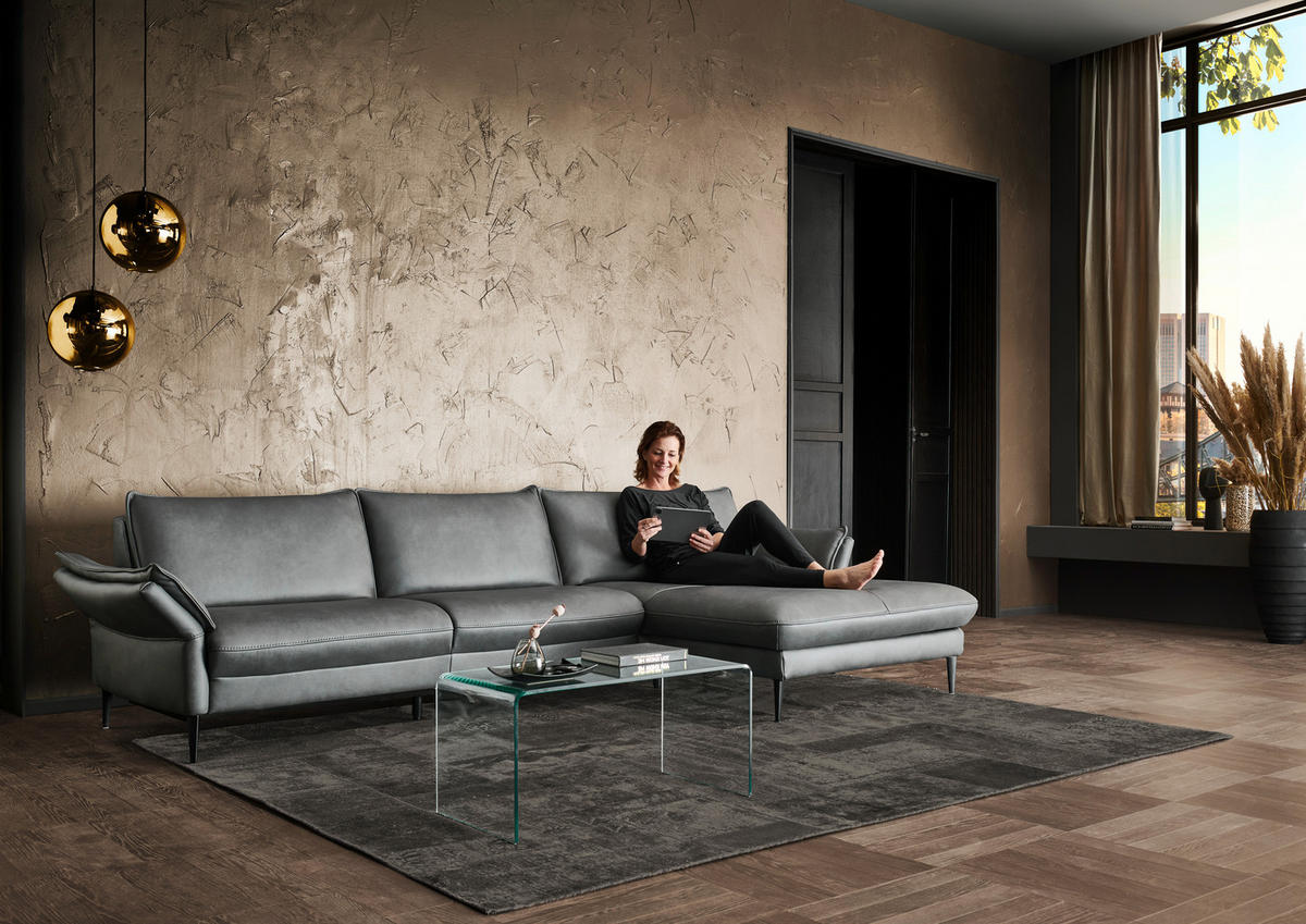 ECKSOFA in Echtleder Anthrazit  - Anthrazit/Schwarz, Design, Leder/Metall (334/172cm) - Hukla