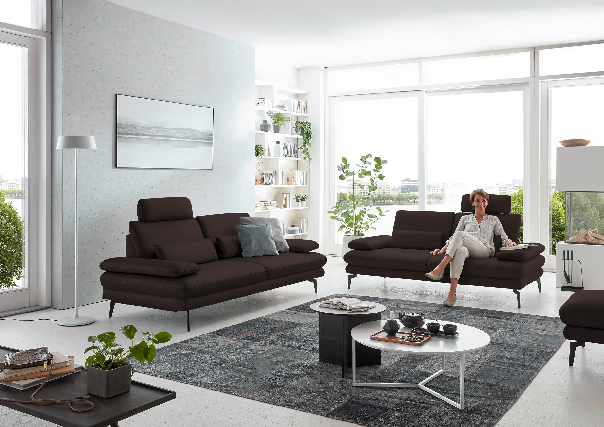 3-SITZER-SOFA in Echtleder Braun  - Schwarz/Braun, Design, Leder/Metall (222/86/104cm) - Dieter Knoll