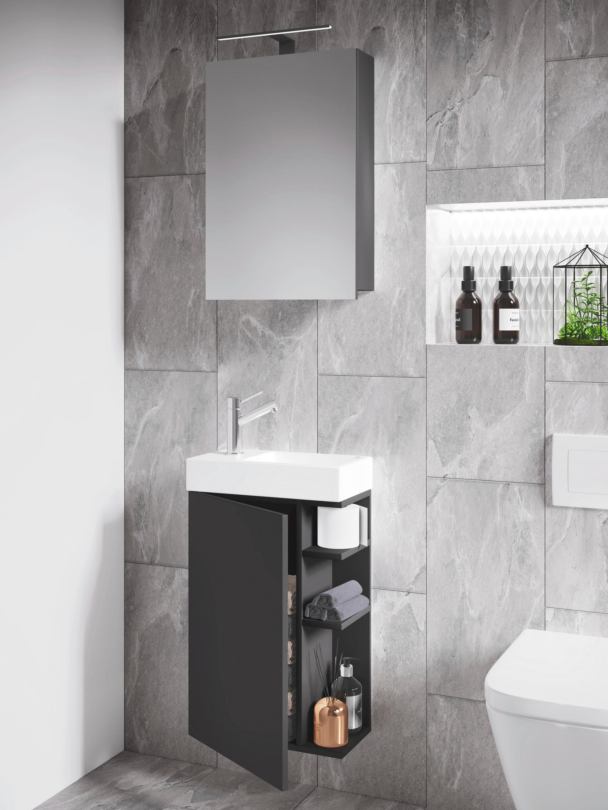 Thumbnail - Mid.you Gästebad, Anthrazit, Holzwerkstoff, 3-teilig, 2 Fächer, 40 cm, Badezimmer, Gäste-WC