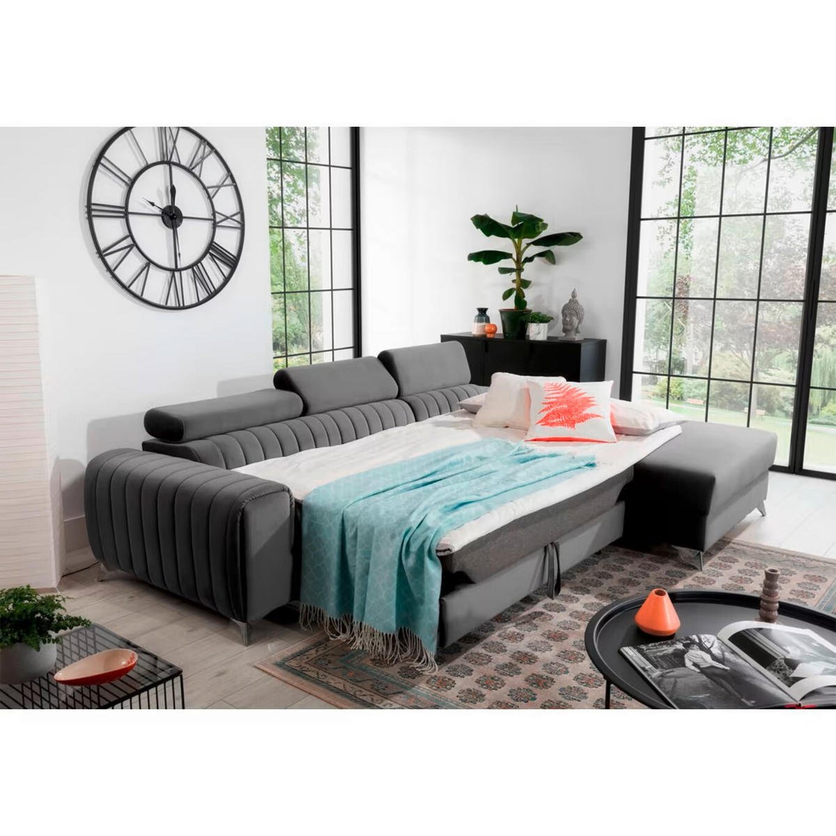 ECKSOFA in Samt Grau  278/205 cm  - Silberfarben/Grau, Design, Textil/Metall (278/205cm) - MID.YOU