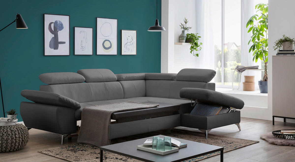 ECKSOFA Grau Lederlook  - Chromfarben/Grau, KONVENTIONELL, Textil/Metall (256/209cm) - Livetastic