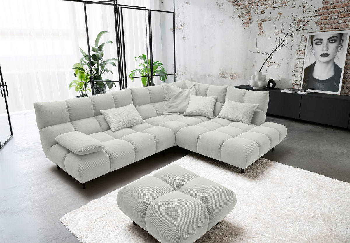 ECKSOFA Ottomane rechts, Eckteil  Weiß Feincord  - Schwarz/Weiß, Design, Holz/Textil (288/215cm) - Pure Home Lifestyle