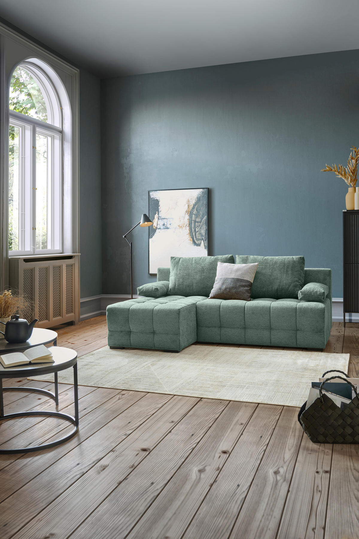 ECKSOFA  in Chenille Dunkelgrün  - Dunkelgrün/Schwarz, MODERN, Kunststoff/Textil (145/204cm) - home24