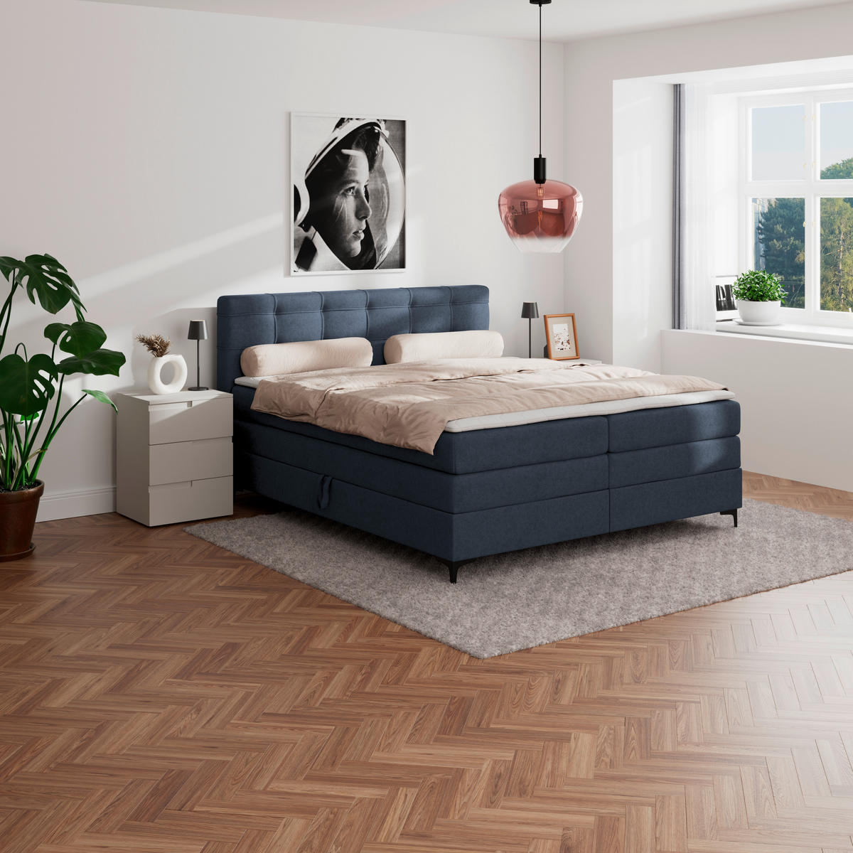 BOXSPRINGBETT 160/200 cm,  in Dunkelblau, H3 = fest  - Schwarz/Dunkelblau, KONVENTIONELL, Kunststoff/Textil (160/200cm)