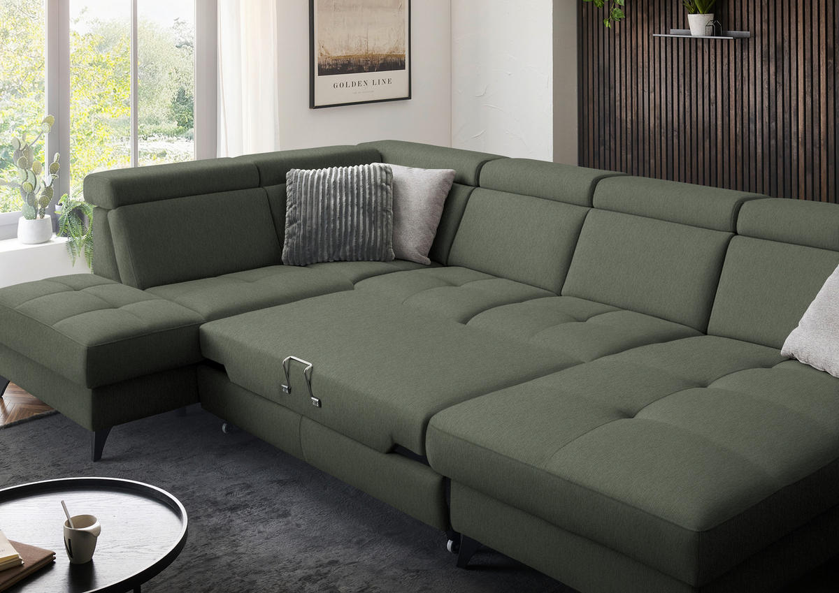 WOHNLANDSCHAFT Flachgewebe Dunkelgrün  - Dunkelgrün/Schwarz, Konventionell, Textil/Metall (215/333/174cm) - Beldomo System