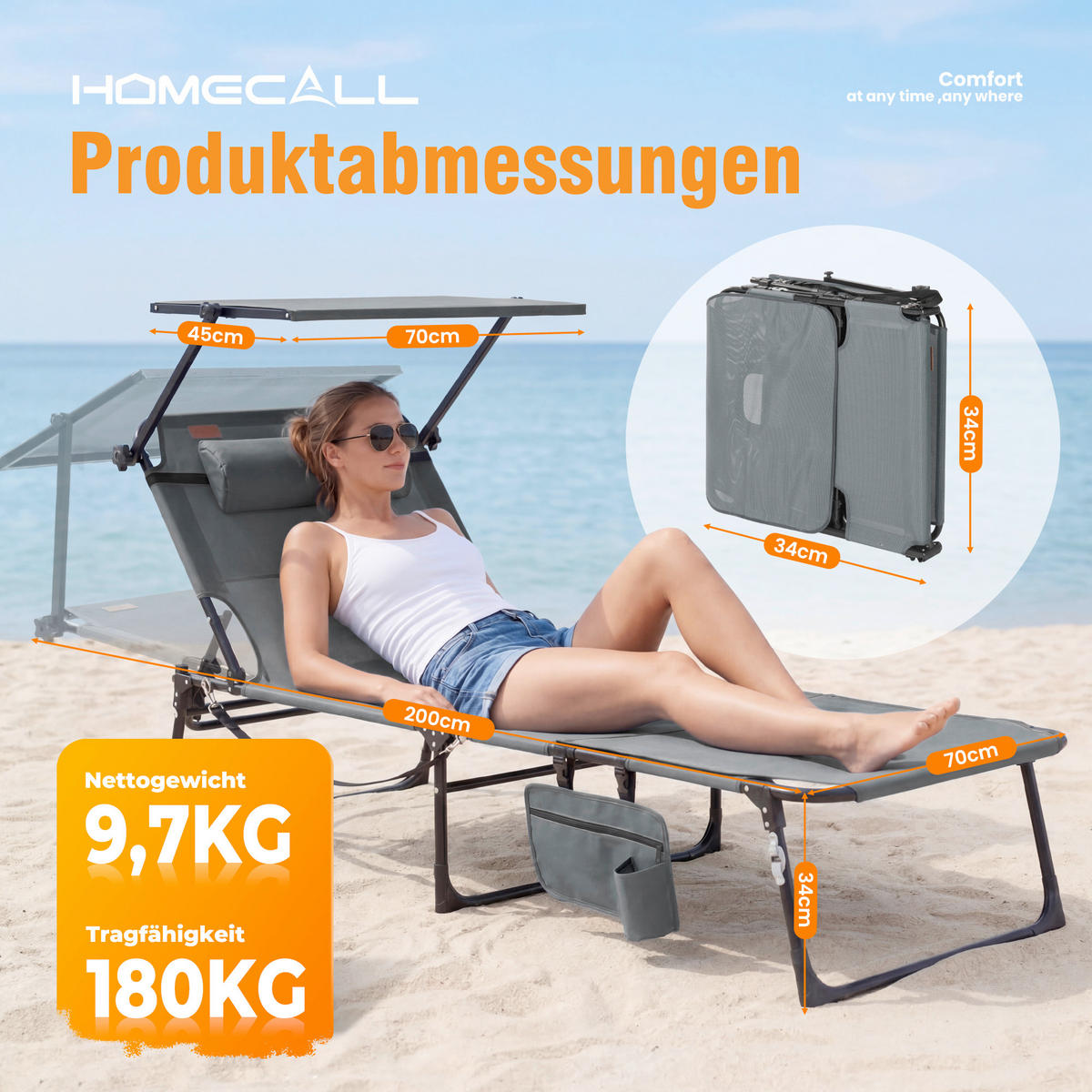 SONNENLIEGE 70/34/200 cm  - Dunkelgrau/Anthrazit, Basics, Textil/Metall (70/34/200cm) - Modante