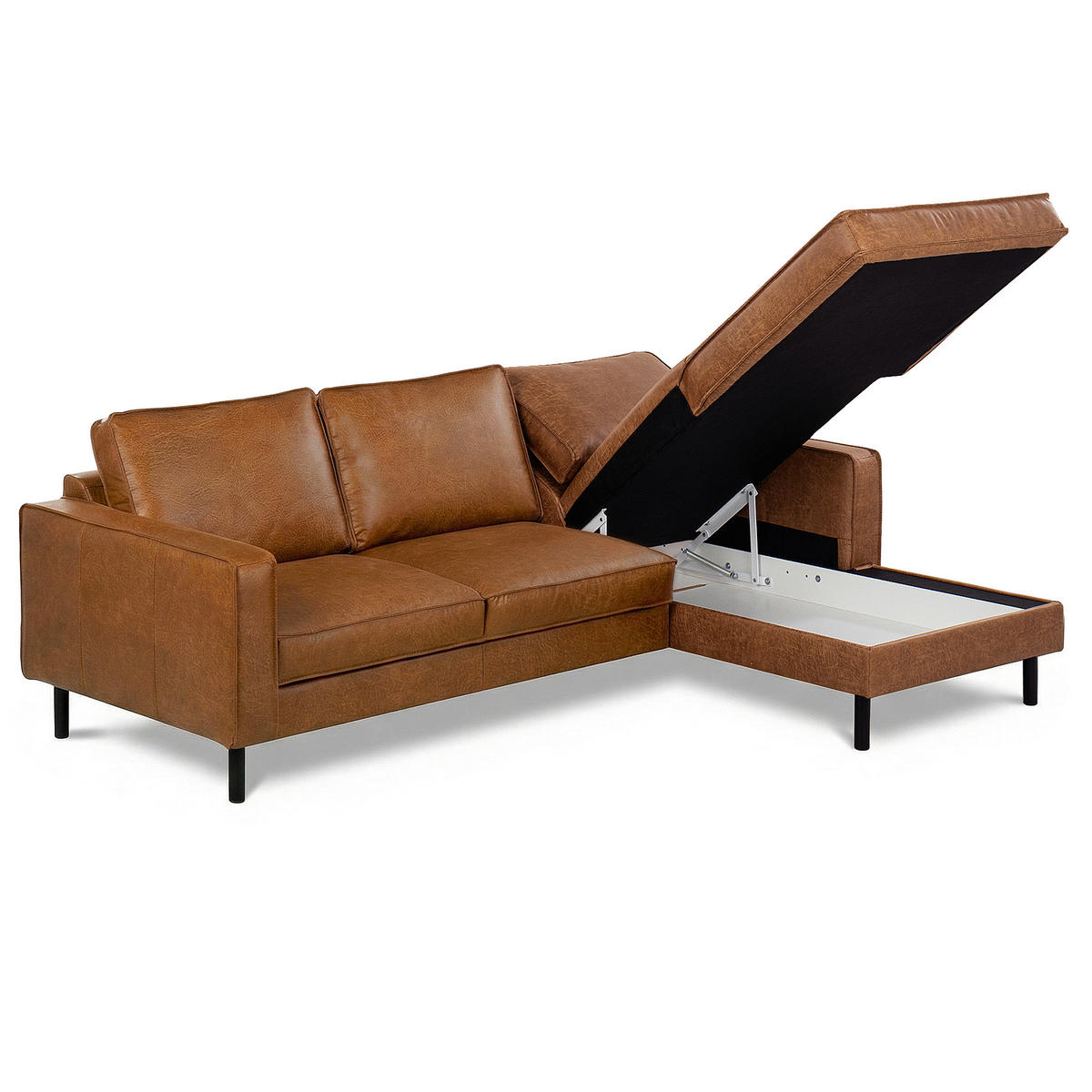 ECKSOFA  in Echtleder Cognac  - Cognac/Schwarz, Design, Leder/Metall (166/238cm) - Livetastic