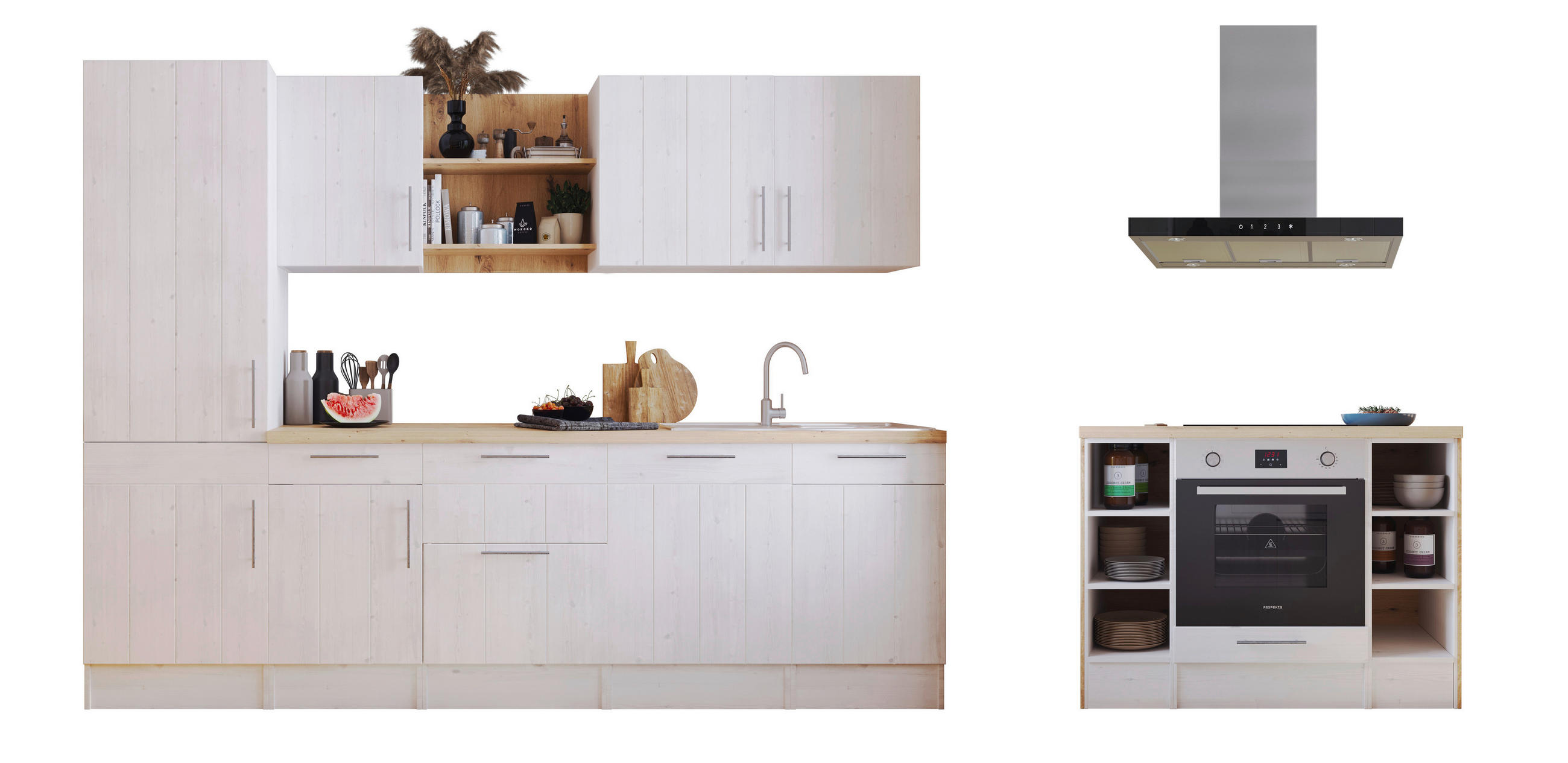 KÜCHENBLOCK 280-124 cm in Weiß, Lärchefarben - Wildeiche/Edelstahlfarben, LIFESTYLE, Holzwerkstoff/Metall (280-124cm) - Respekta