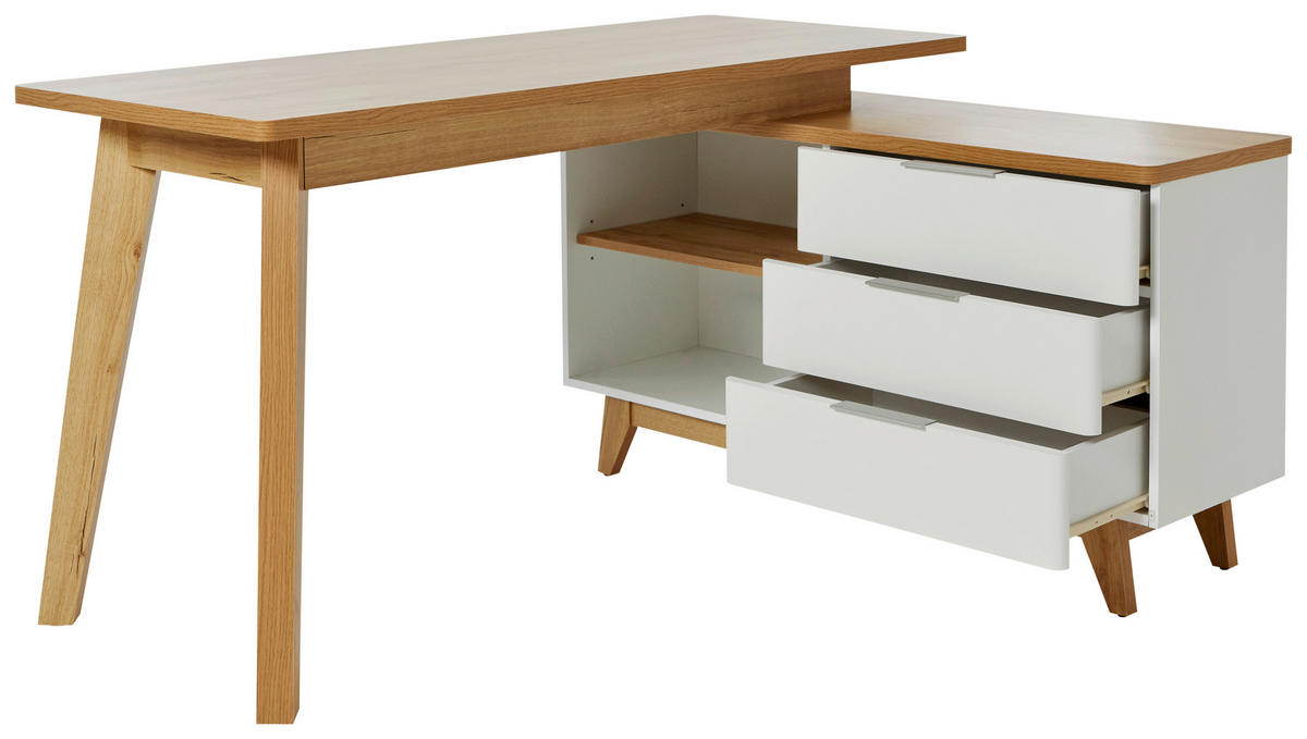 ECKSCHREIBTISCH 140/118/76 cm  in Weiß, Eichefarben  - Eichefarben/Alufarben, KONVENTIONELL, Holzwerkstoff/Metall (140/118/76cm) - Livetastic