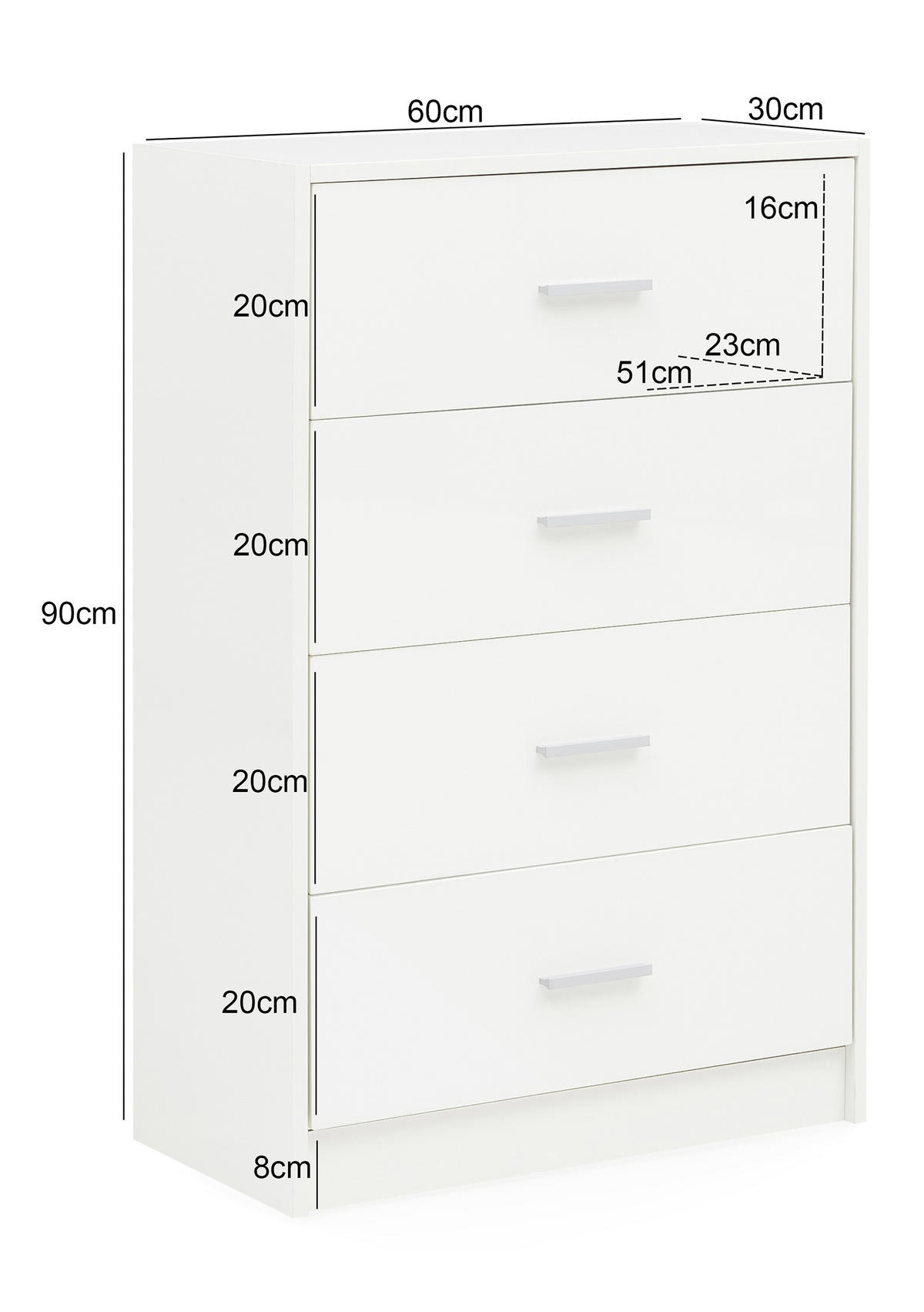VYSOKÁ KOMODA, biela, 60/90/30 cm - biela/hliníková, Konventionell, kov/kompozitné drevo (60/90/30cm) - MID.YOU