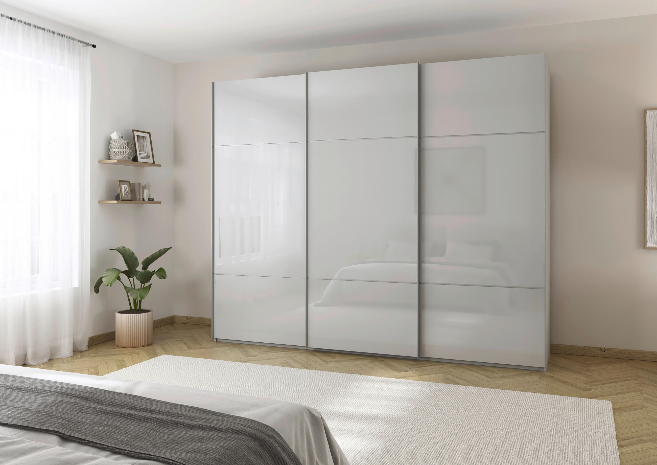 SCHWEBETÜRENSCHRANK 301/223/68 cm 3-türig Grau  - Alufarben/Grau, KONVENTIONELL, Glas/Holzwerkstoff (301/223/68cm) - Novel