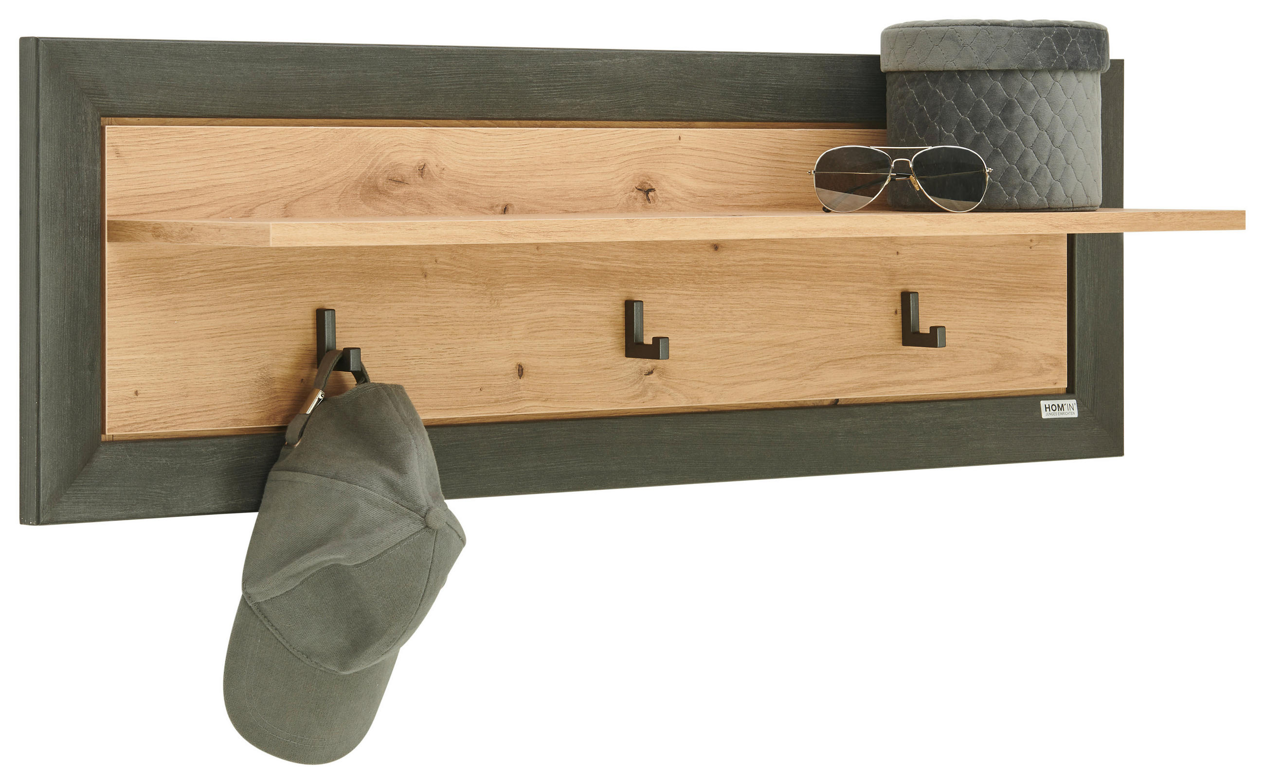 NÁSTĚNNÁ POLICE barvy dubu, tmavě šedá - barvy dubu/tmavě šedá, Romantický / Rustikální, kompozitní dřevo (106,2/33,5/21,6cm) - Hom`in