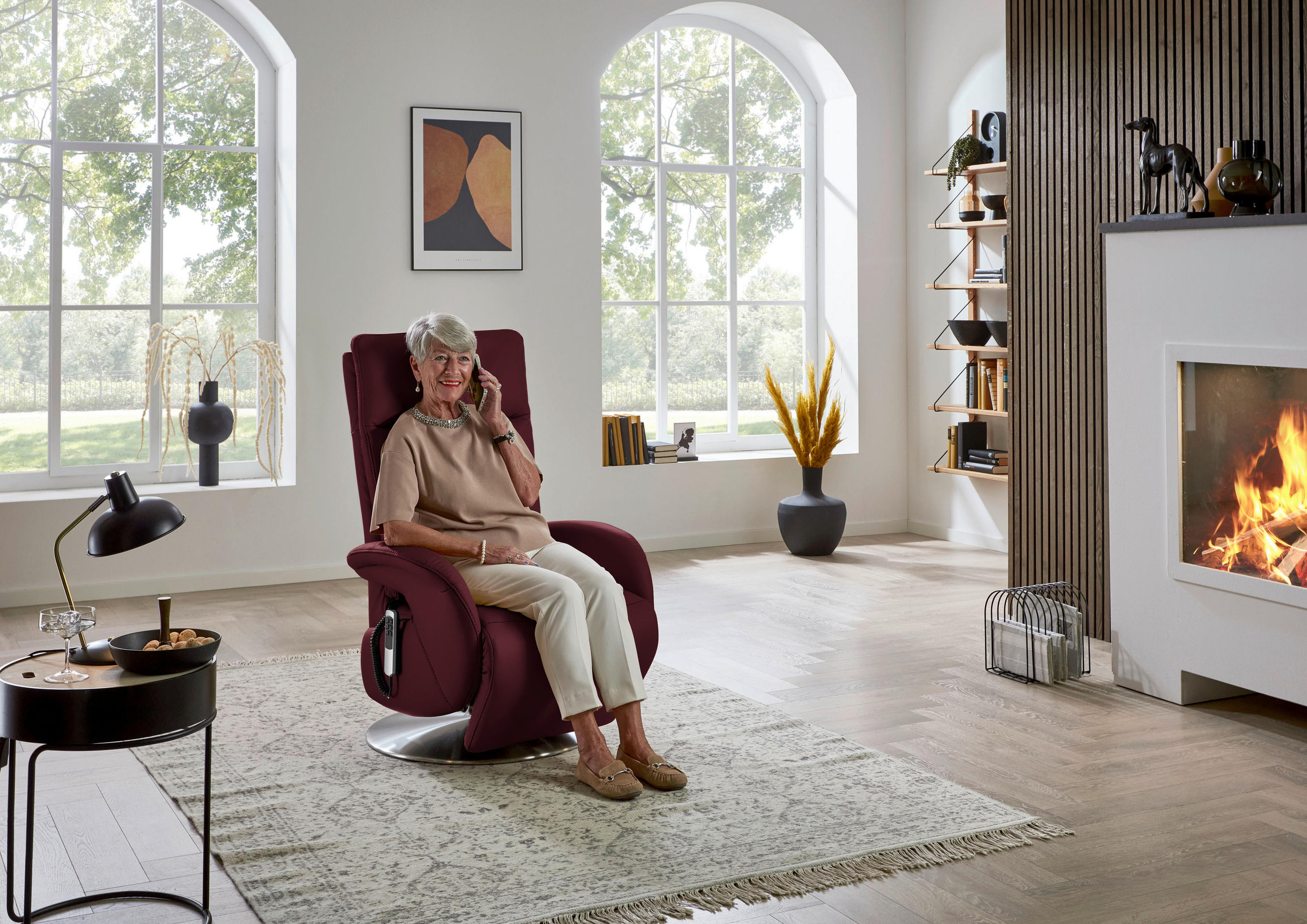 RELAXSESSEL in Leder Weinrot  - Edelstahlfarben/Weinrot, Design, Leder/Metall (70/108/80cm) - Cantus