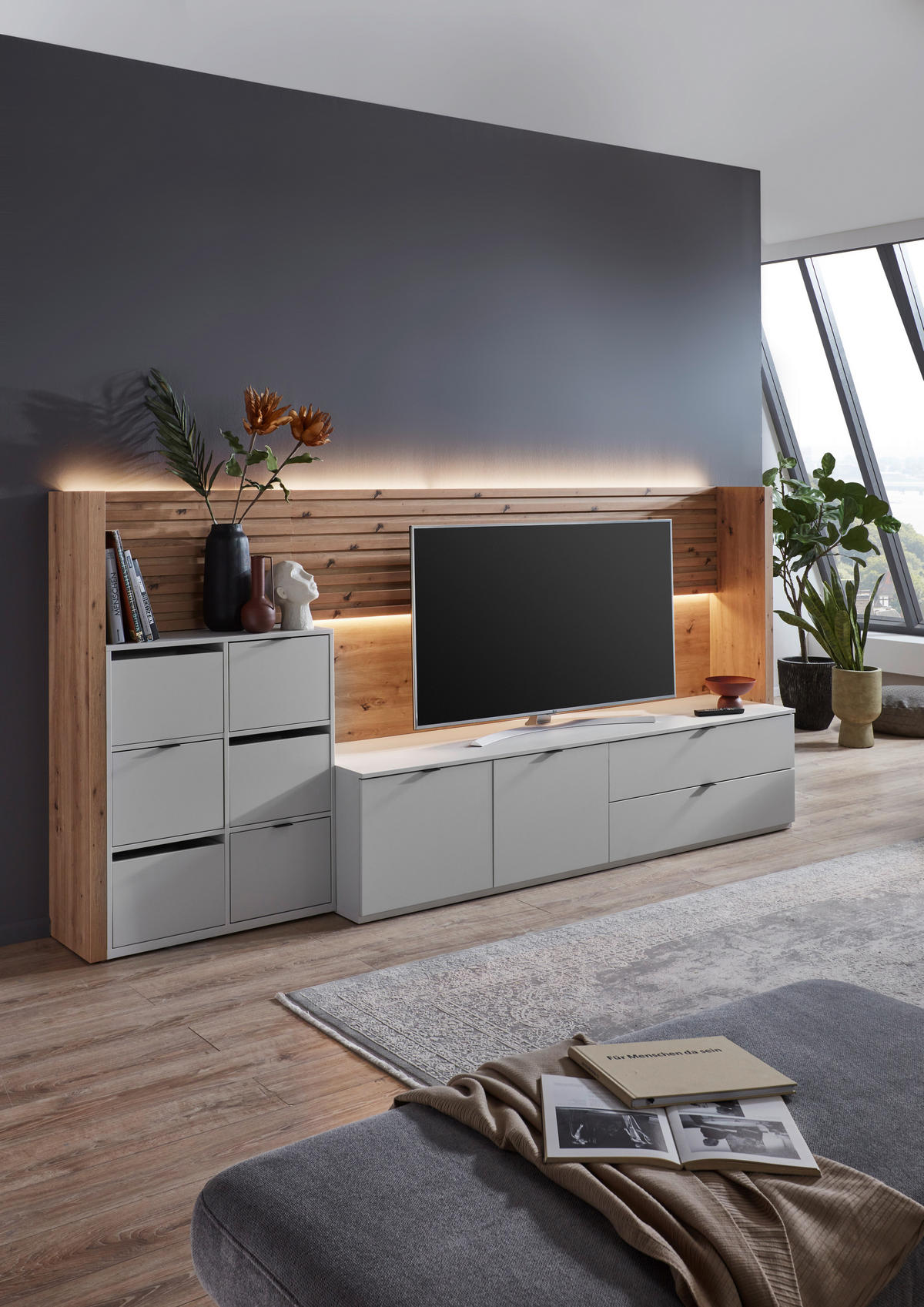 WOHNWAND  in Hellgrau, Eiche Artisan 293/138/50 cm  - Anthrazit/Hellgrau, Design, Holzwerkstoff/Kunststoff (293/138/50cm) - Stylife